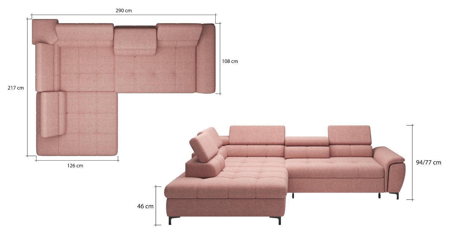JVmoebel Ecksofa Couch Bettfunktion Design Mit Sofa Textil L-Form Textil, Rosa Polster Schlafsofa Bettfunktion