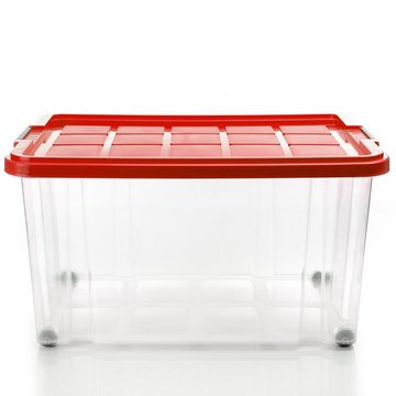 BigDean Aufbewahrungsbox 3x 60 L Aufbewahrungsbox mit Deckel + Rollen rot Stapelbox