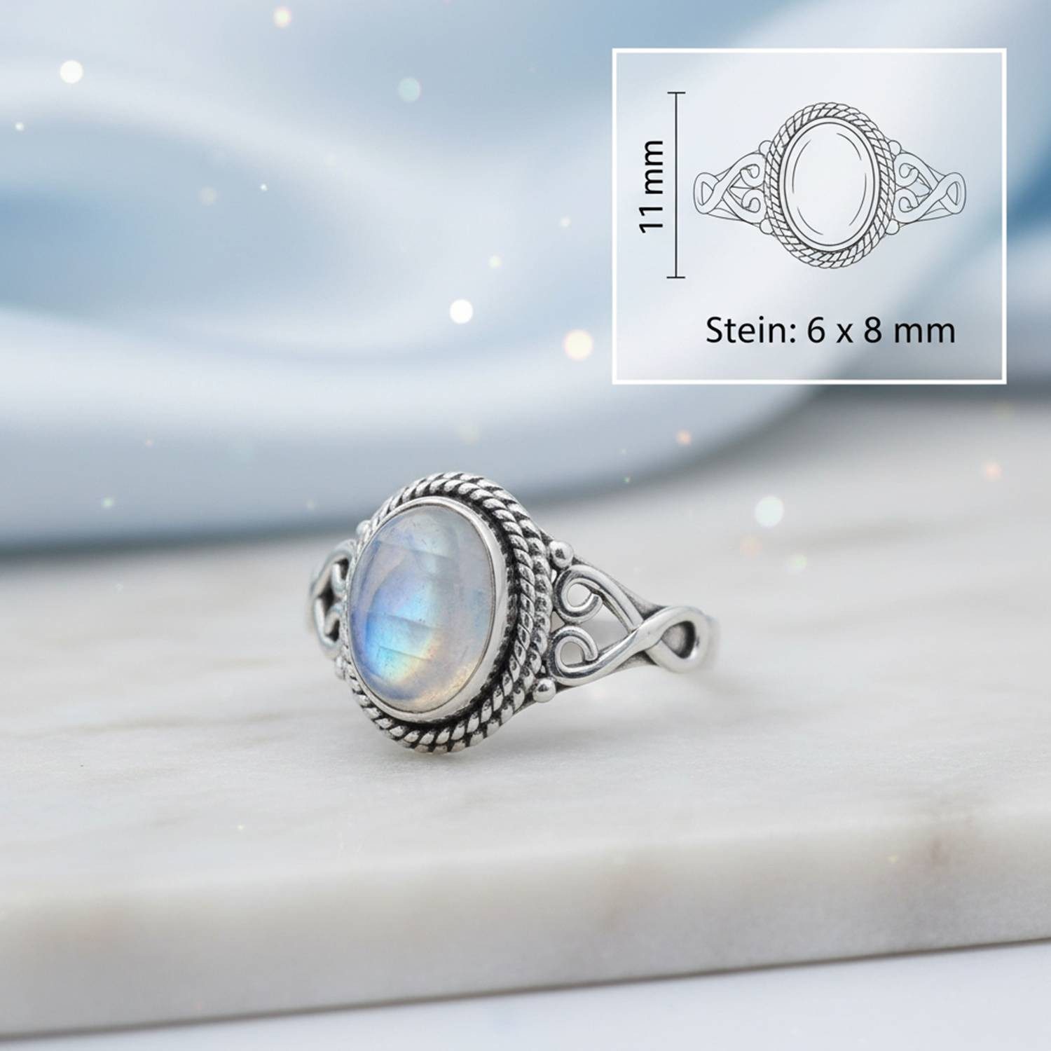 mantraroma Silberring BAGHIMI oval aus 925 Silber mit Regenbogen Mondstein (Ring mit Schmuckbeutel), Damenring aus 925er Silber