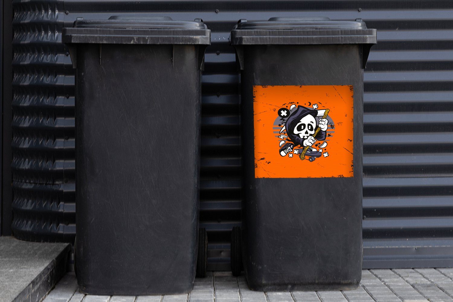 MuchoWow Wandsticker Jahrgang - Mülleimer-aufkleber, - Sticker, Skelett Abfalbehälter (1 St), Mülltonne, Skateboard Container