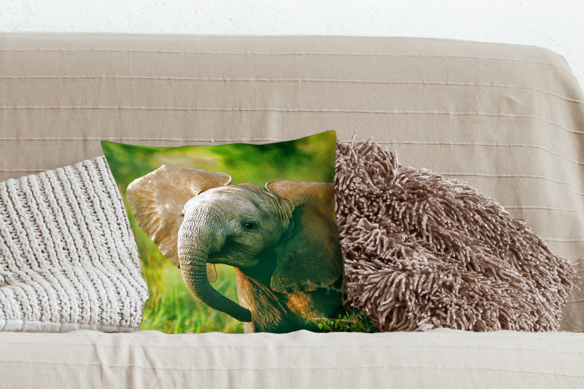 Grün MuchoWow - Füllung Wohzimmer, mit Dekokissen Tiere - Natur, für Zierkissen Sofakissen Elefant - Schlafzimmer, Deko,
