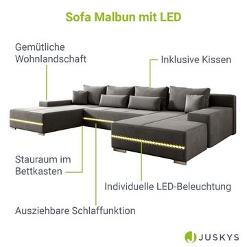 Juskys Wohnlandschaft Malbun, XXL-Liegefläche, LED-Beleuchtung, Bettkasten, gemütlicher Samt-Bezug