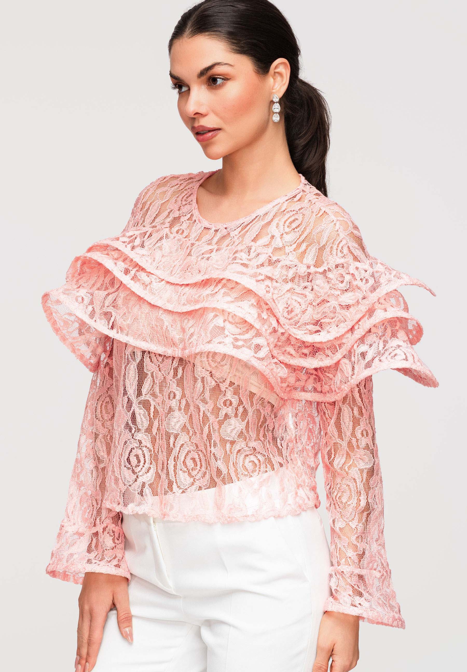 OMBRE Langarmbluse Damen Bluse Spitze Rüschen Elegant Pink ONESIZE (kein Set, 1-tlg) Ajour-Spitze, mehrlagige Rüschen