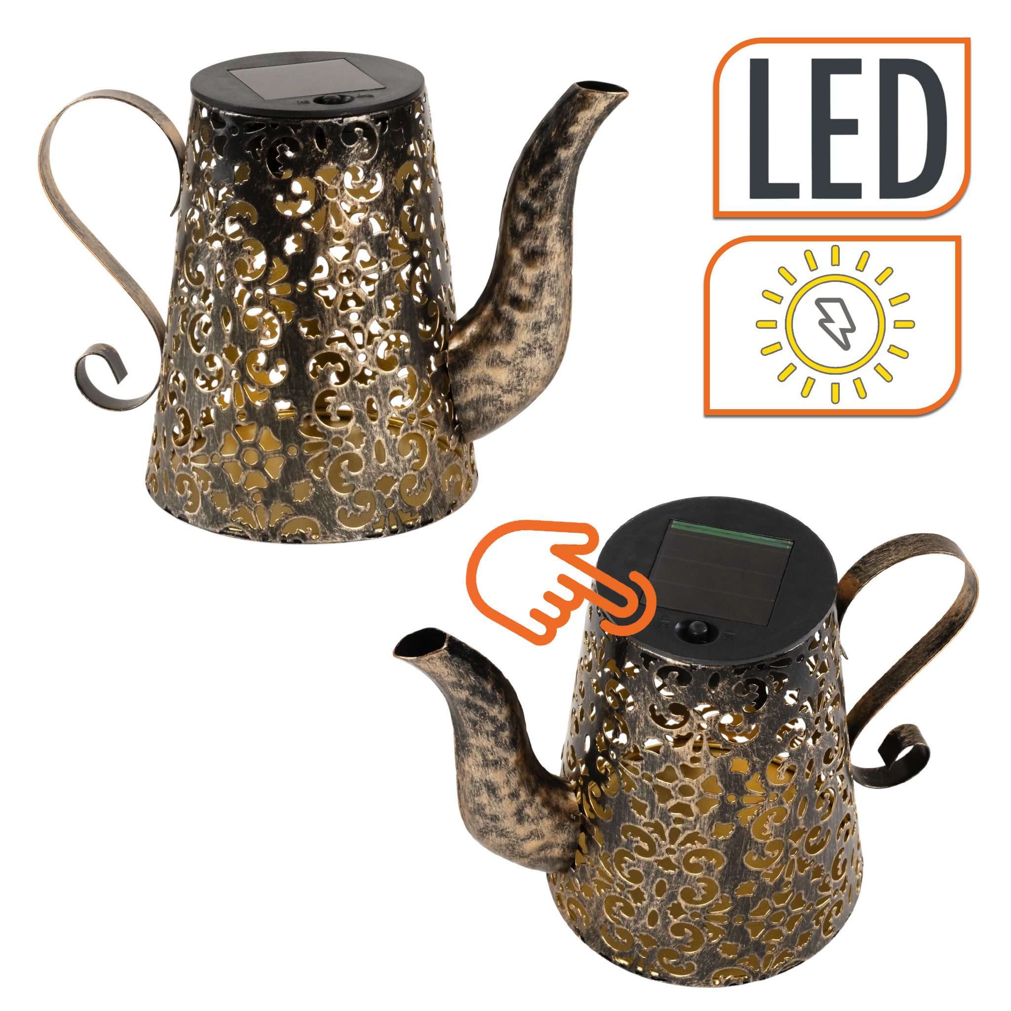 Spetebo LED Solarleuchte LED Solar Leuchte Metall Gießkanne - 19 x 14 cm, LED, warm weiß, Vintage Deko Garten Lampe in Rost Optik