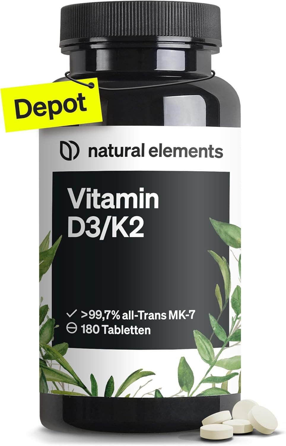 natural elements Vitamin D3 + K2 Depot – 180 Tabletten – Premium-Qualität Tabletten, 1 er hochdosiert, ohne Zusätze – laborgeprüfte Qualität à 180 St., 45 g, K2VITAL® von Kappa – 99,7+% All-Trans K2-MK7 + 5000 IE Vitamin D3