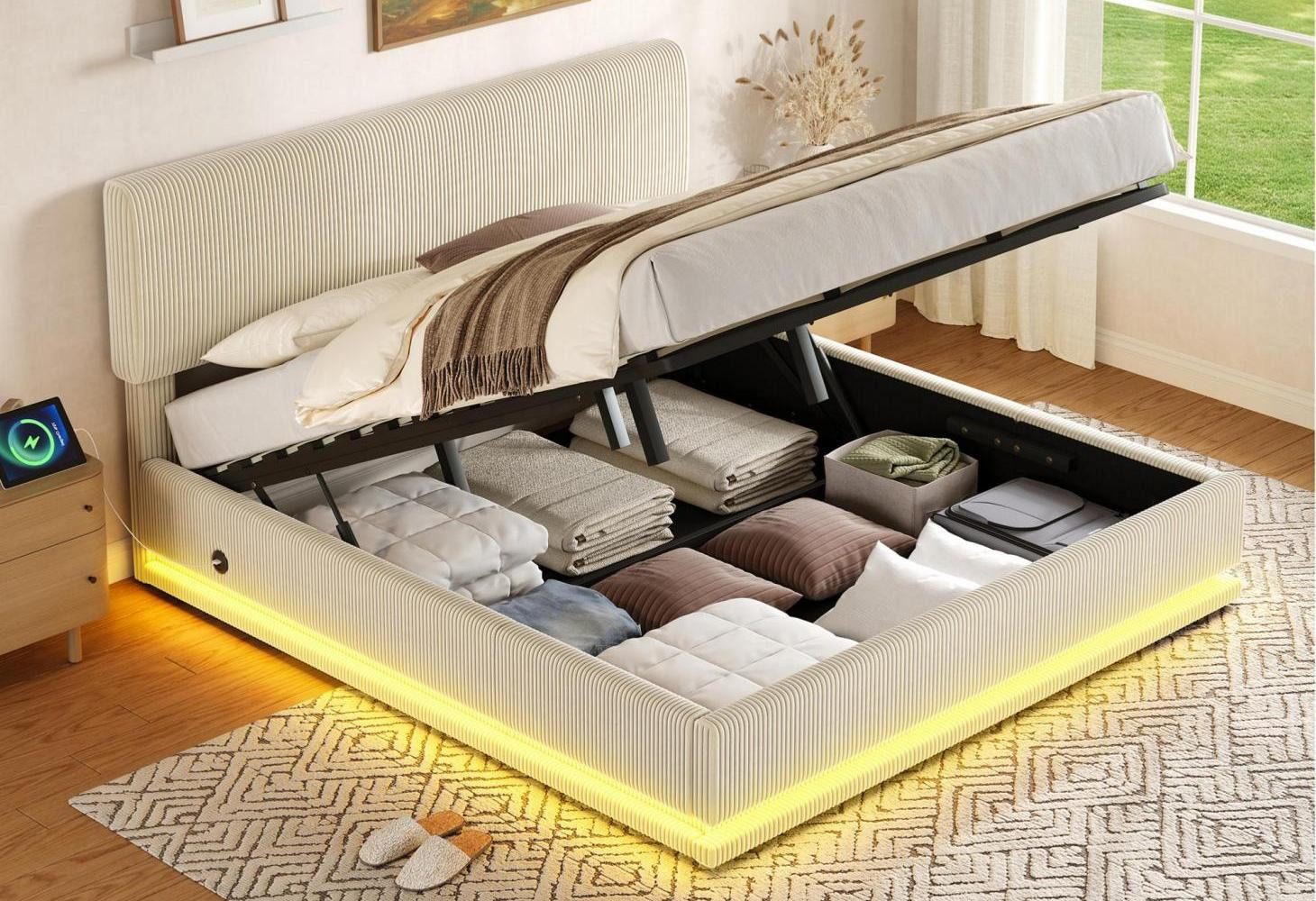 LVHOM Boxbett 90/140/160/180x200cm Nadelstreifen Bettgestell mit Bettkasten (mit LED-Leuchten in 12 Farben, Seitlicher USB-Ladeanschluss, Integriertes Hydrauliksystem, Weicher, hautfreundlicher Samtstoff, Platzsparend, Polsterbett/Doppelbett/Stauraumbett/Boxbett, Fühlbar angenehm, Ideal für Schlafzimmer und Wohnungen, Moderner, tiefer Raum-Effekt)