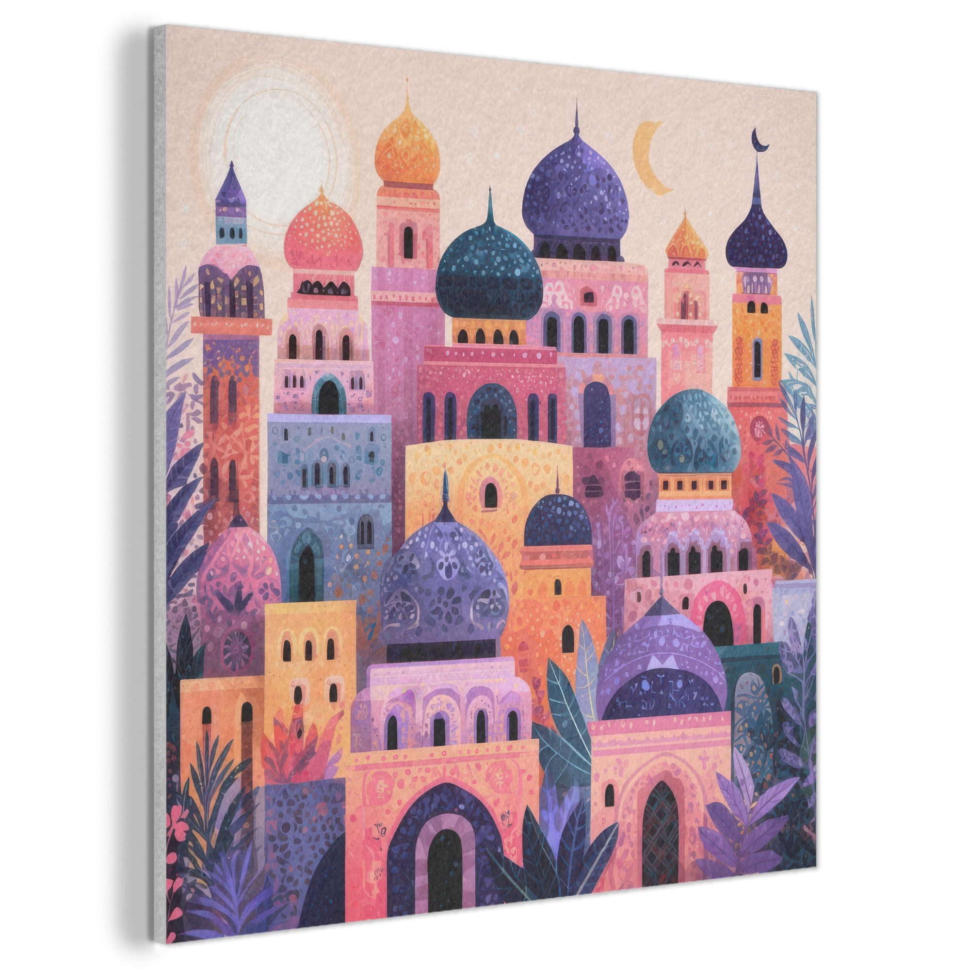 MuchoWow Gemälde Bunte Stadt - Sonne - Islamisch, Fotodruck (1 St), Akustikbilder PET-Filz, Wandpaneele, Akustikpaneele 40x40 cm