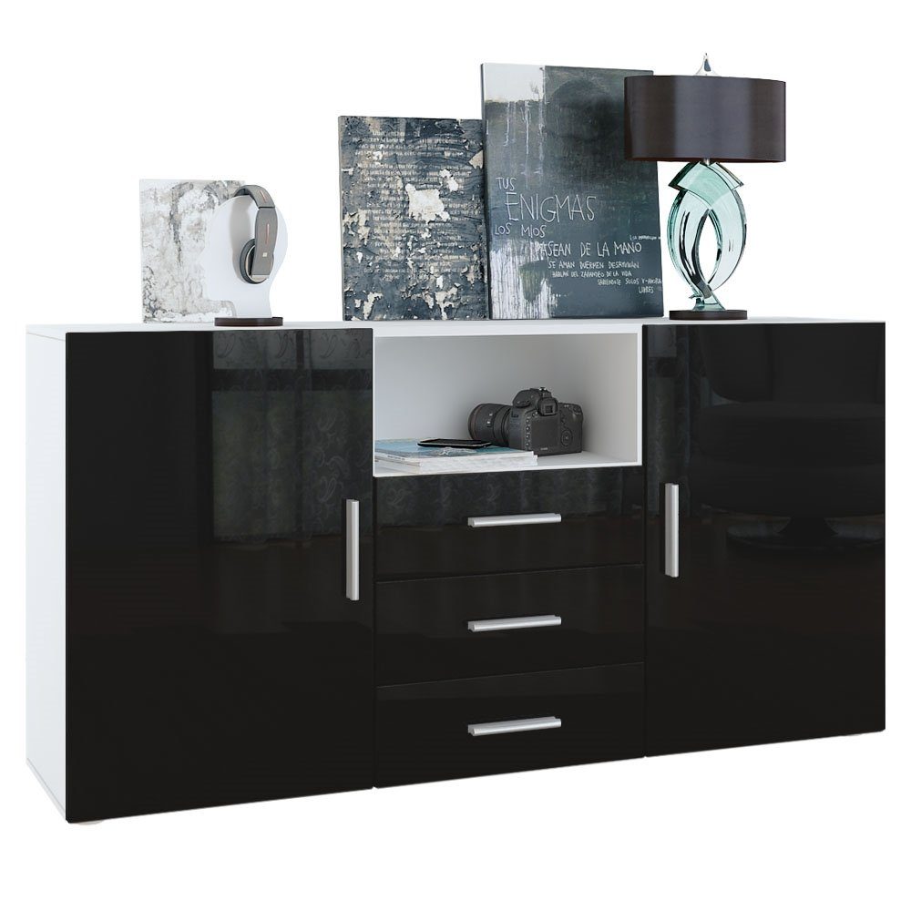 Vladon Sideboard Skadu (Kommode, mit 2 Türen, 3 Schubladen und 1 offenem Fach), Weiß matt/Schwarz Hochglanz (138,5 x 71,5 x 35 cm)