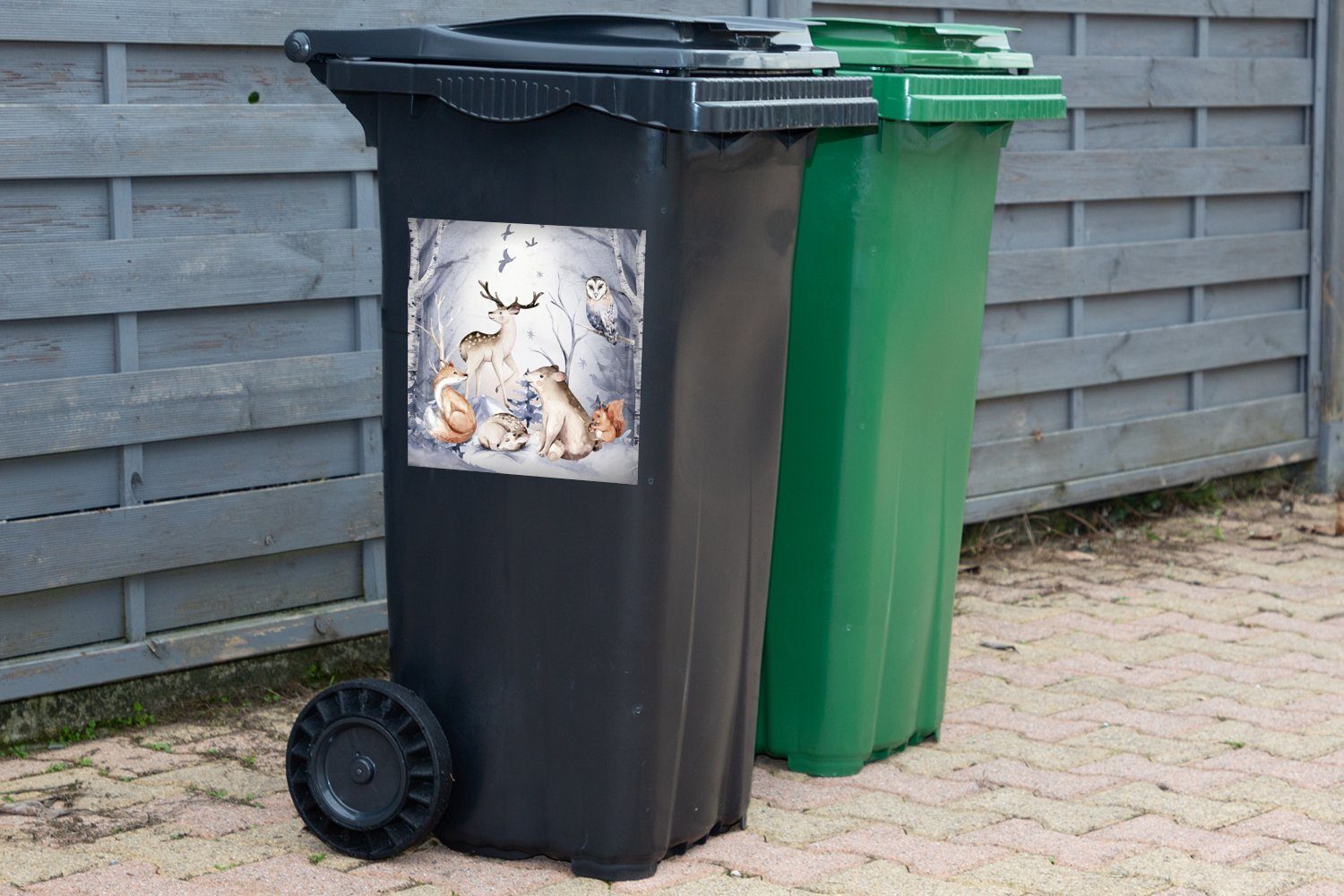 MuchoWow Wandsticker Wald - Winter Abfalbehälter (1 Mülleimer-aufkleber, Mülltonne, Container, Weihnachten - Sticker, St)
