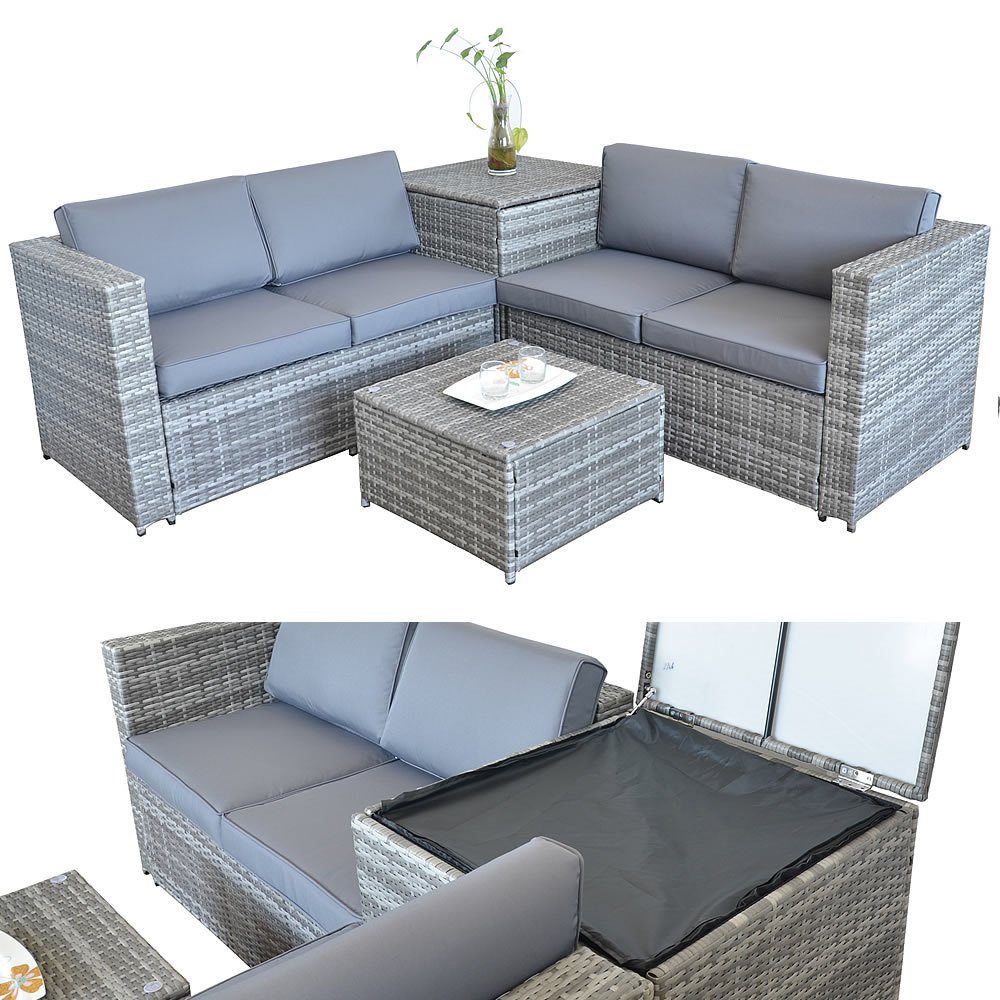 Feel2Home Garten-Essgruppe PolyRattan Sitzgruppe mit Auflagenbox in Schwarz günstig online kaufen