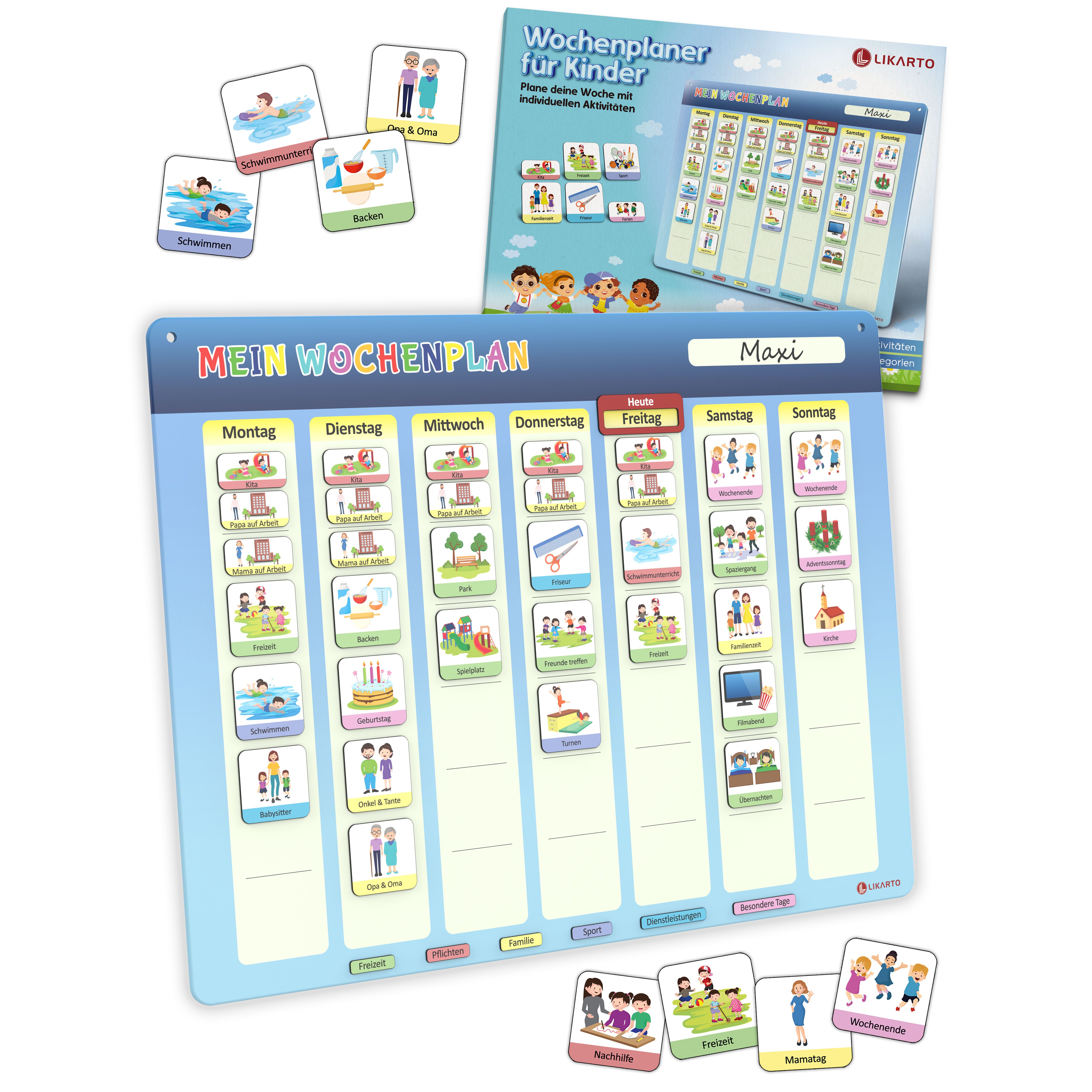 Likarto Magnettafel Magnetischer Wochenplaner für Kinder Montessori Planer mit 198 Magnete, Mit Kordel - Komplett beschreib- und abwischbar