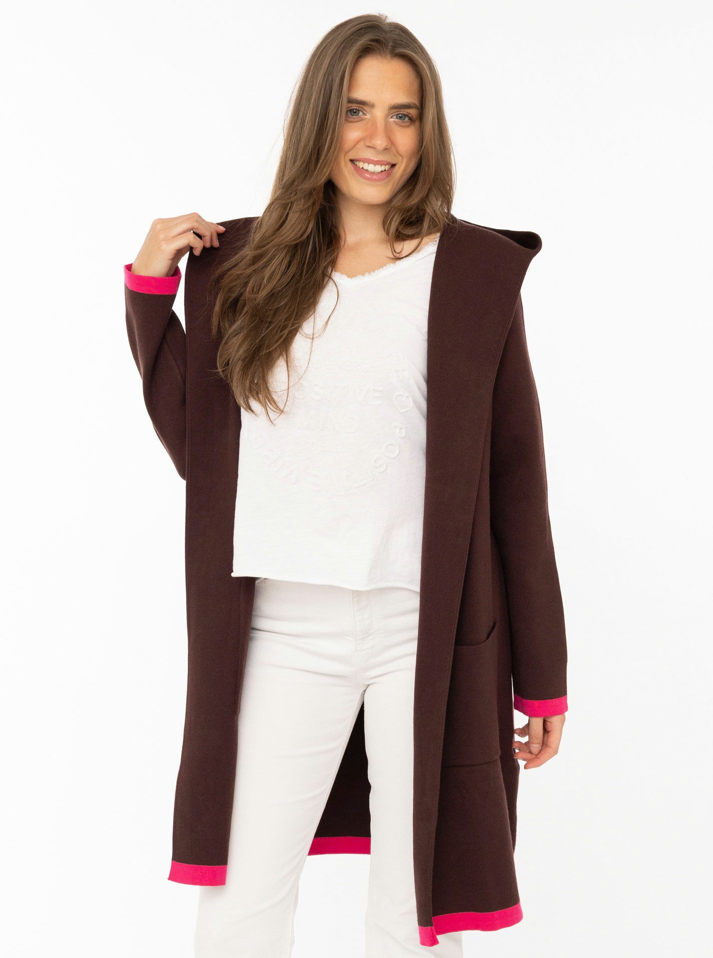 Zwillingsherz Cardigan "Mona" Kapuze, Taschen, Kontrast-Kanten, Langarm, ohne Verschluss