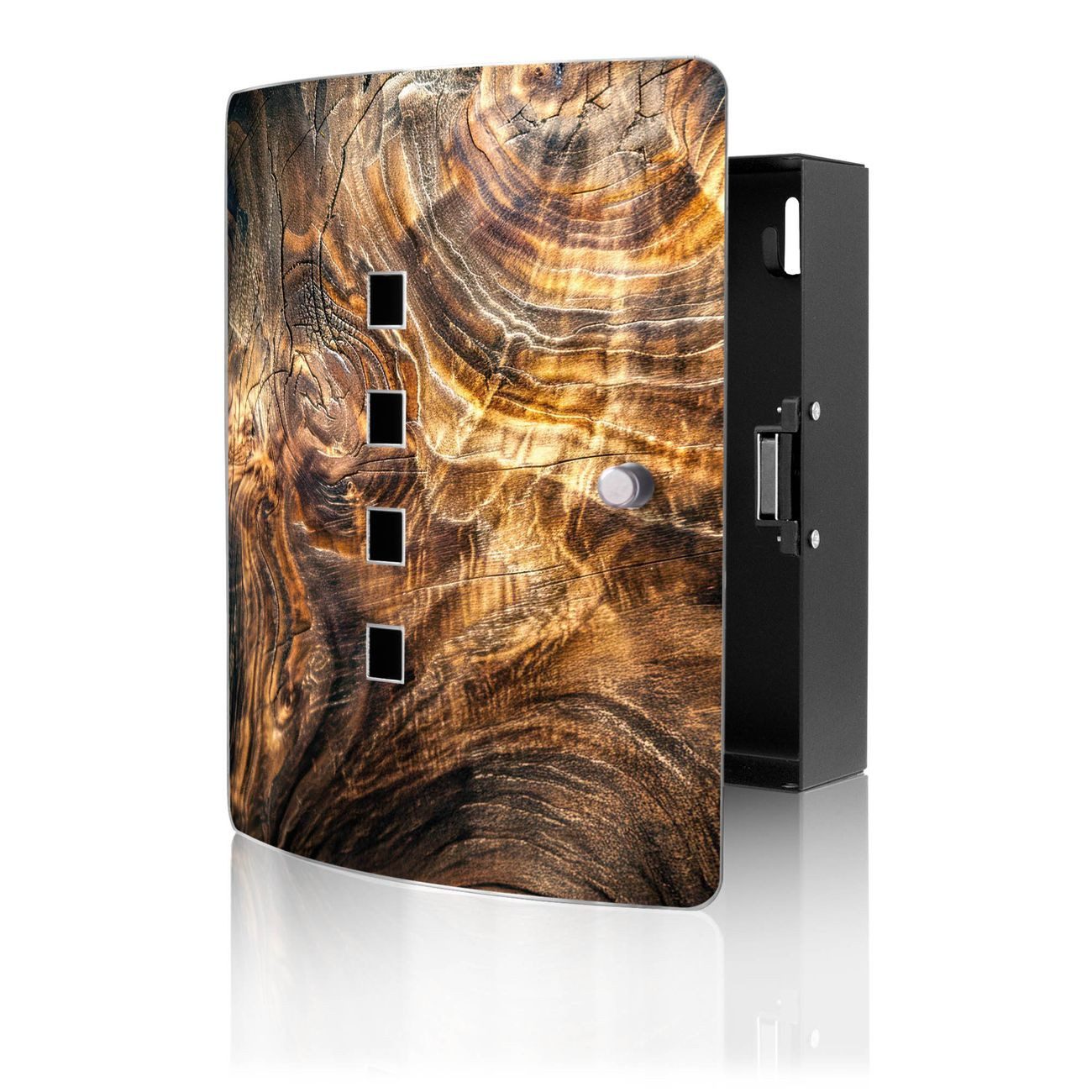 banjado Schlüsselkasten Edelstahl mit Motiv Holz Gemasert Lichtspiel (verstellbarer Magnetverschluss, mit 10 Haken, gebogene Tür, einstellbarer Magnet), 24 x 21,5 x 7 cm