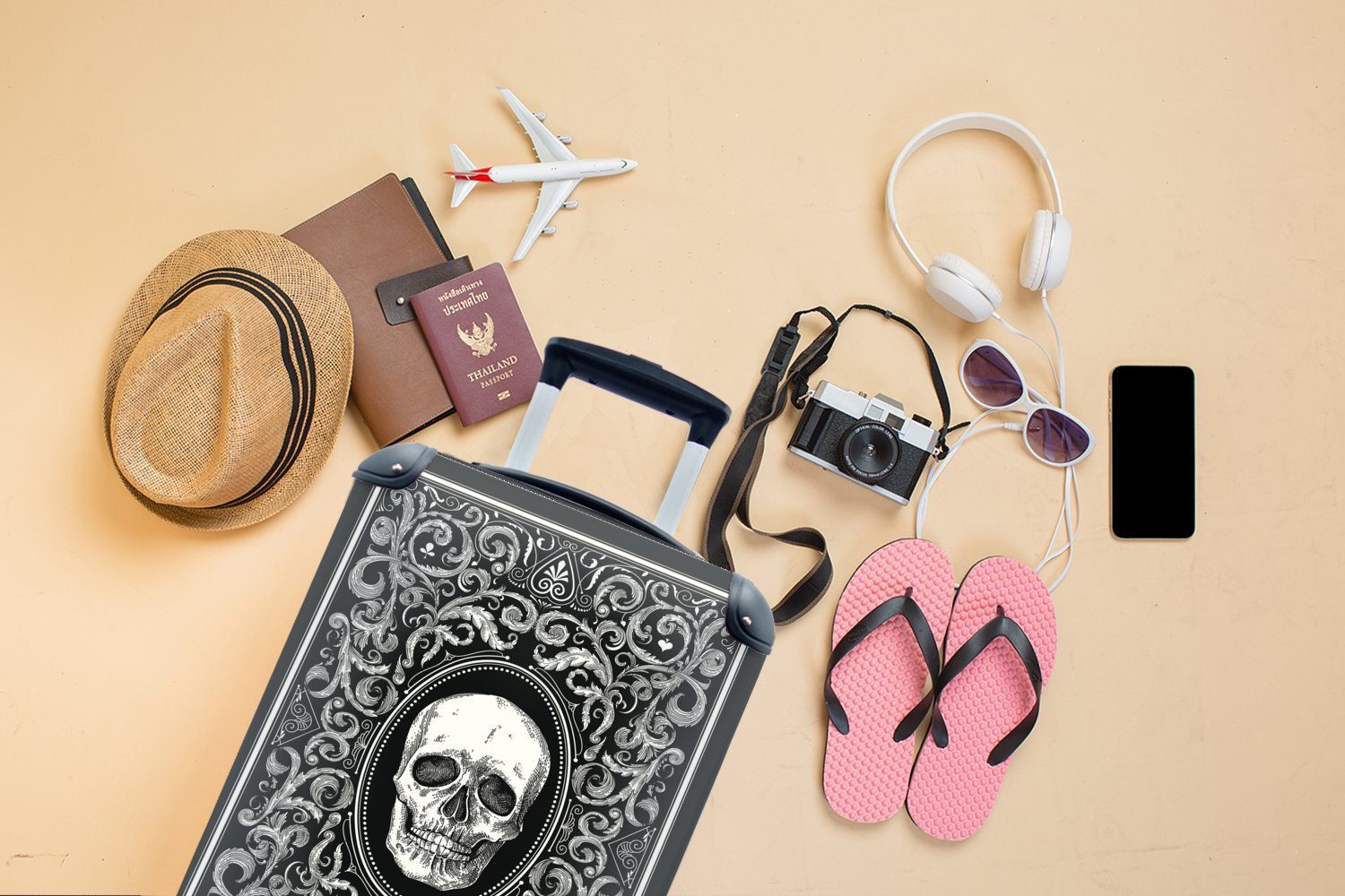 MuchoWow Handgepäckkoffer Illustration mit 4 Totenkopf, Reisetasche rollen, für Reisekoffer einer Spielkarte Handgepäck Ferien, Trolley, Rollen, mit einem