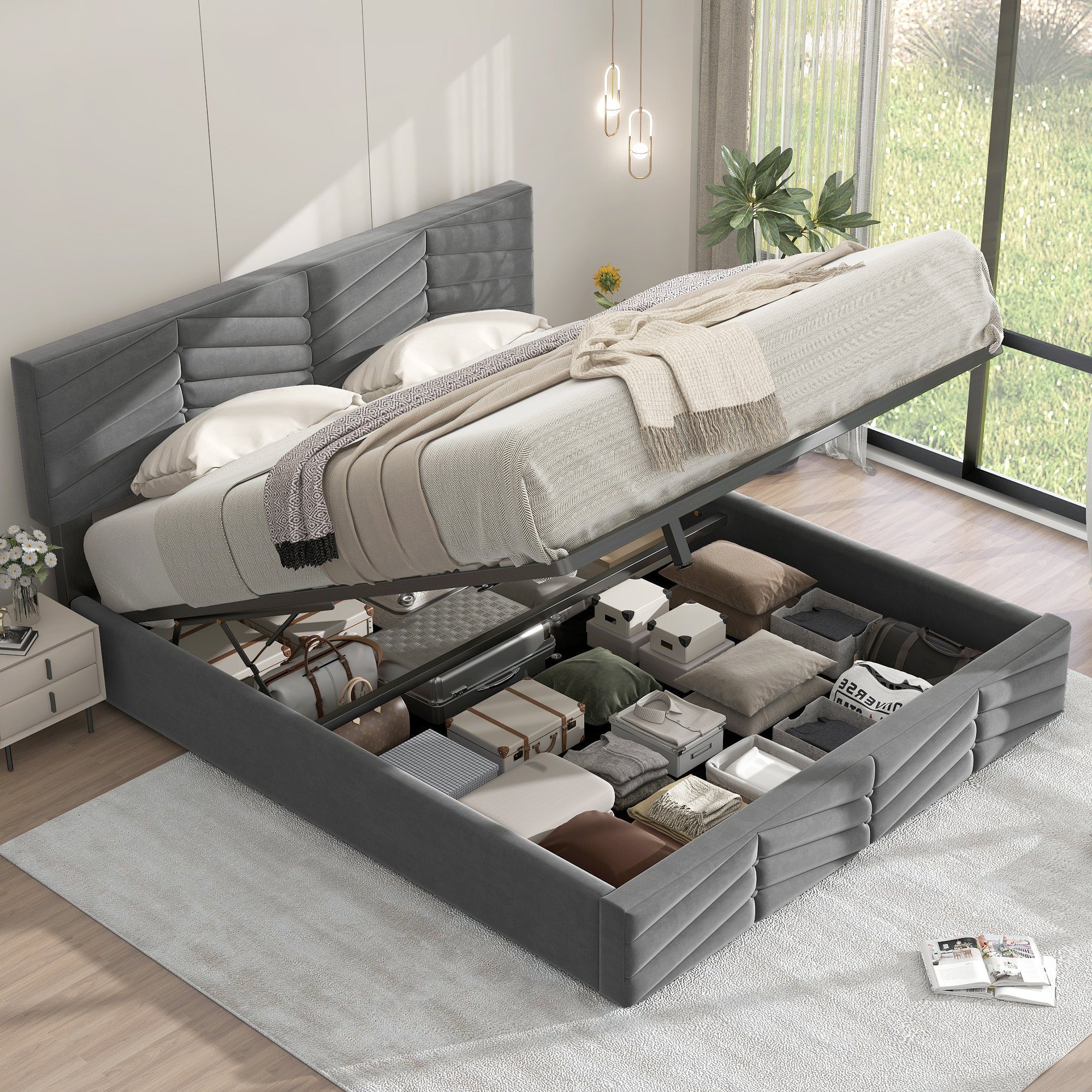 SOFTWEARY Polsterbett Doppelbett mit Lattenrost und Bettkasten, 140x200 cm,  gepolsterter Kopfteil höhenverstellbar, Bezug aus Samt