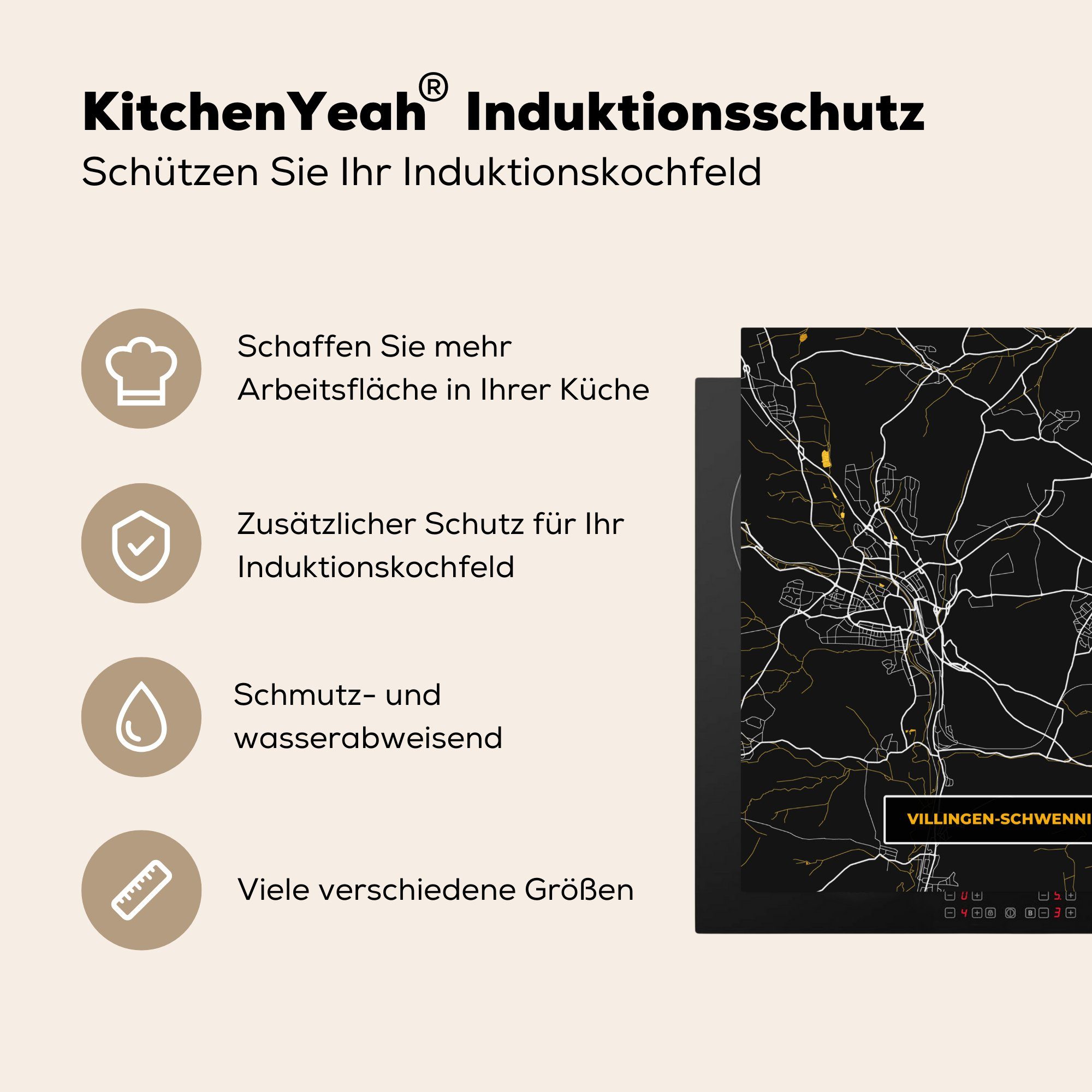 Deutschland Villingen Arbeitsplatte küche Schwarz - 78x78 (1 cm, MuchoWow Stadtplan Vinyl, tlg), -, Ceranfeldabdeckung, Gold Schwenningen und - für - Herdblende-/Abdeckplatte