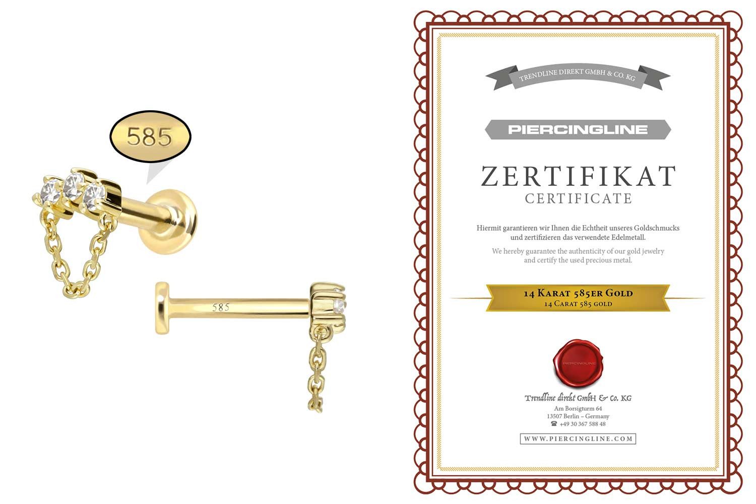 PIERCINGLINE Piercing-Set 14 Karat Gold Labret mit Innengewinde MOISSANIT-BOGEN + KETTE (Labrets, 1-tlg)