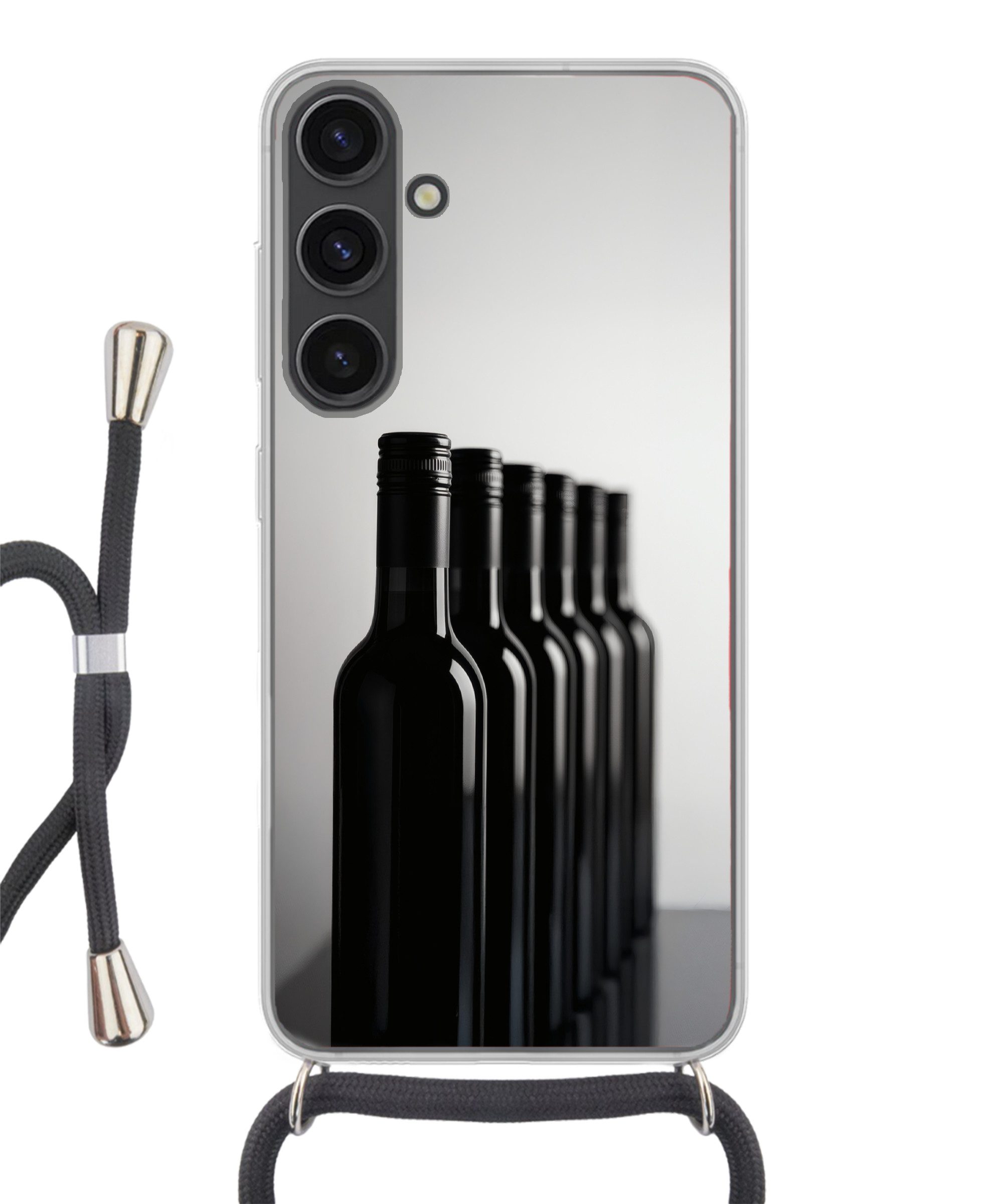 MuchoWow Handyhülle für Samsung Galaxy S24 Weinflaschen - Schwarz - Minimalistisch, Tragbare Handyhüllen mit Kette zum umhängen, Handykette Handyband
