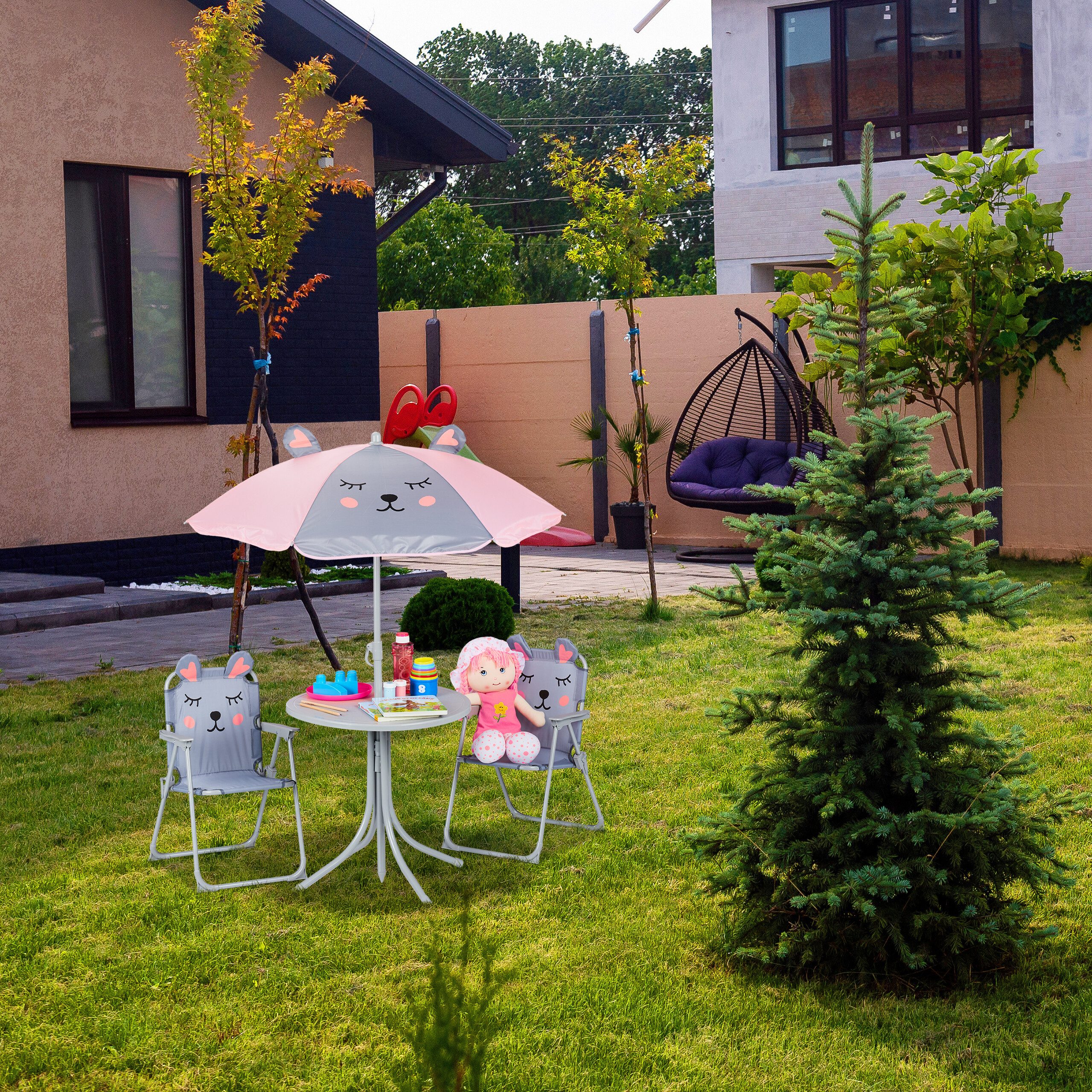 relaxdays Garten-Kindersitzgruppe Camping Kindersitzgruppe mit Schirm, Panda