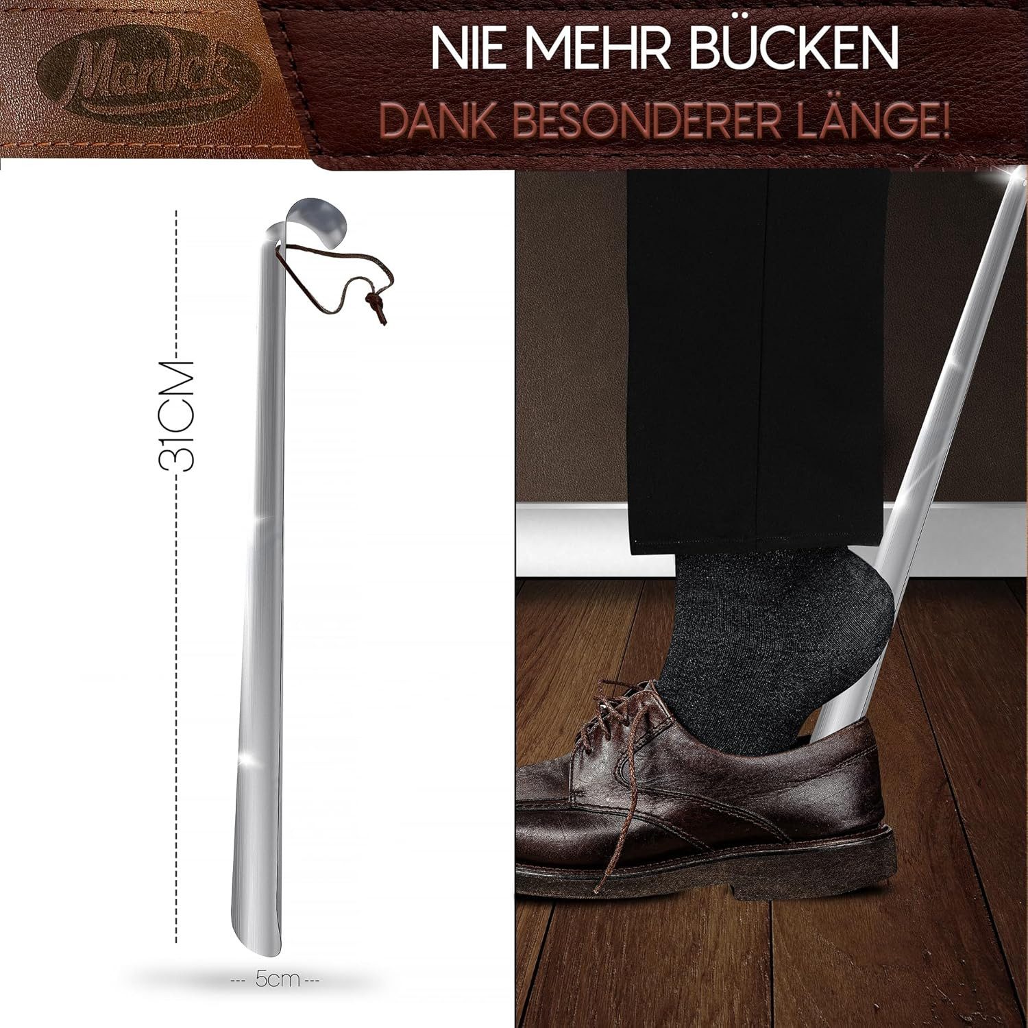 COFI 1453 Schuhlöffel [2er Pack] Schuhlöffel Set Metall Schuhanzieher kurz & lang Ledergriff (2-tlg) – Bild 2 von 5