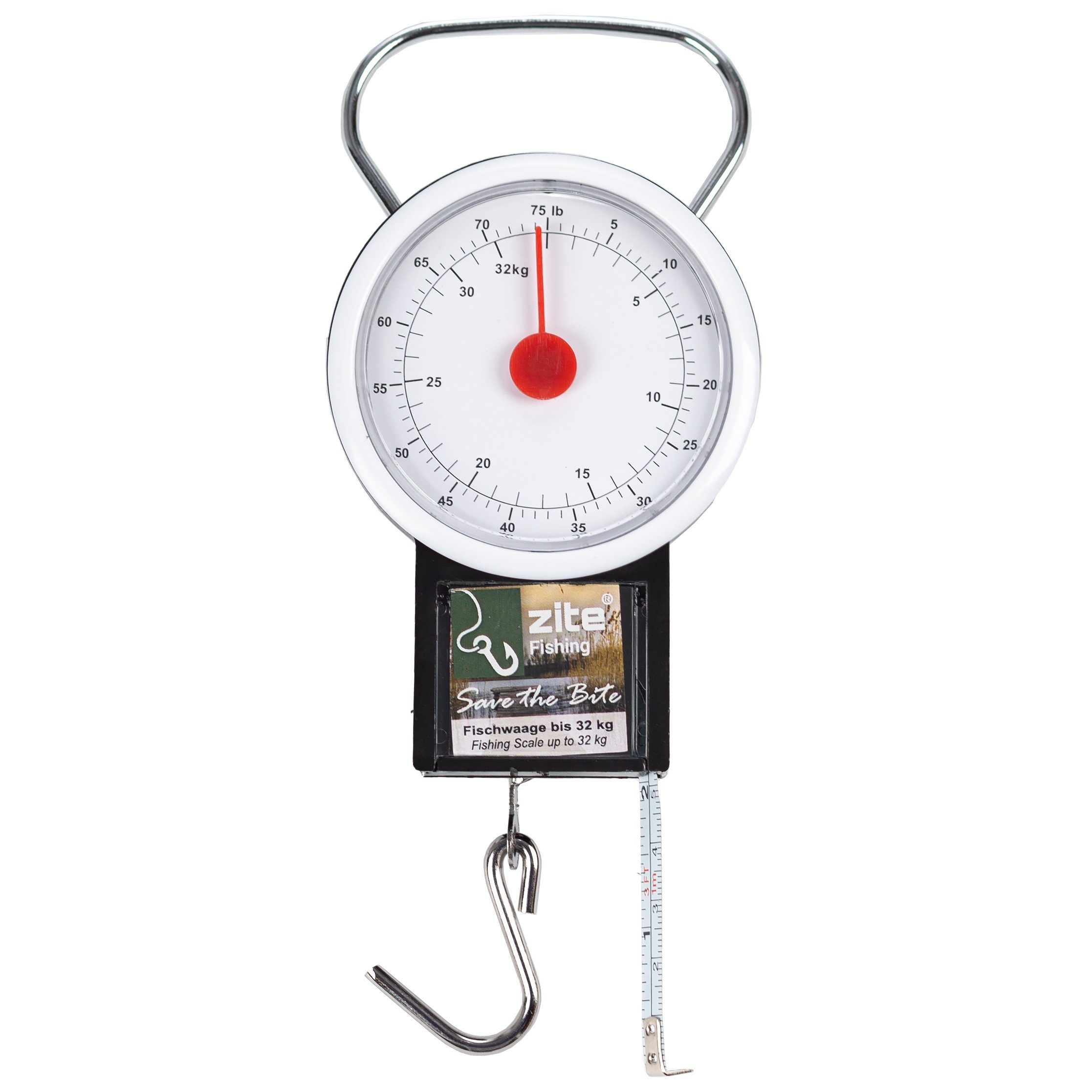 Zite Fischwaage Federwaage mit Maßband, Tragkraft 32 kg, 1 Meter Maßband