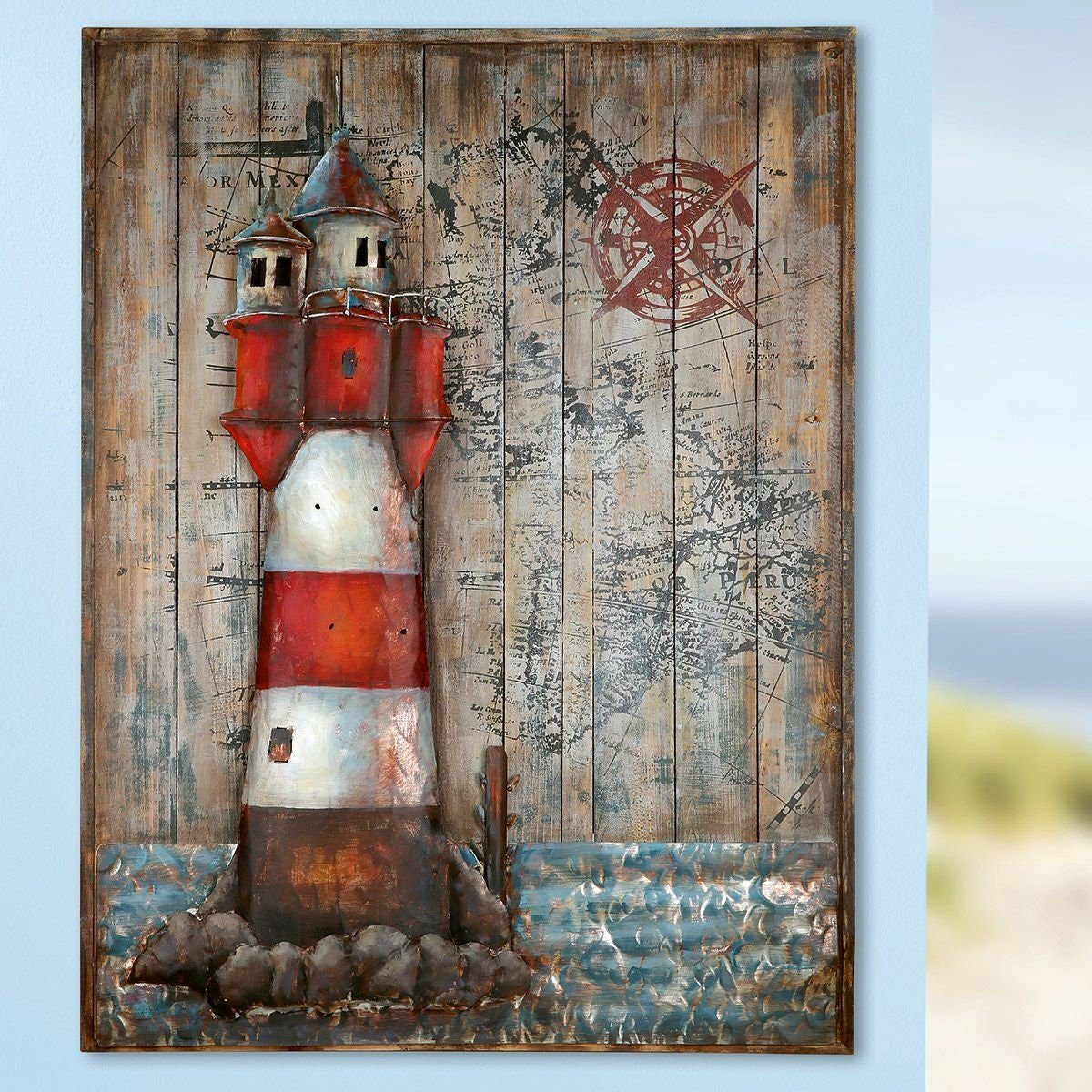 GILDE Dekoobjekt 3D Metall Bild LEUCHTTURM auf Holz 100x75cm Handarbeit Ku