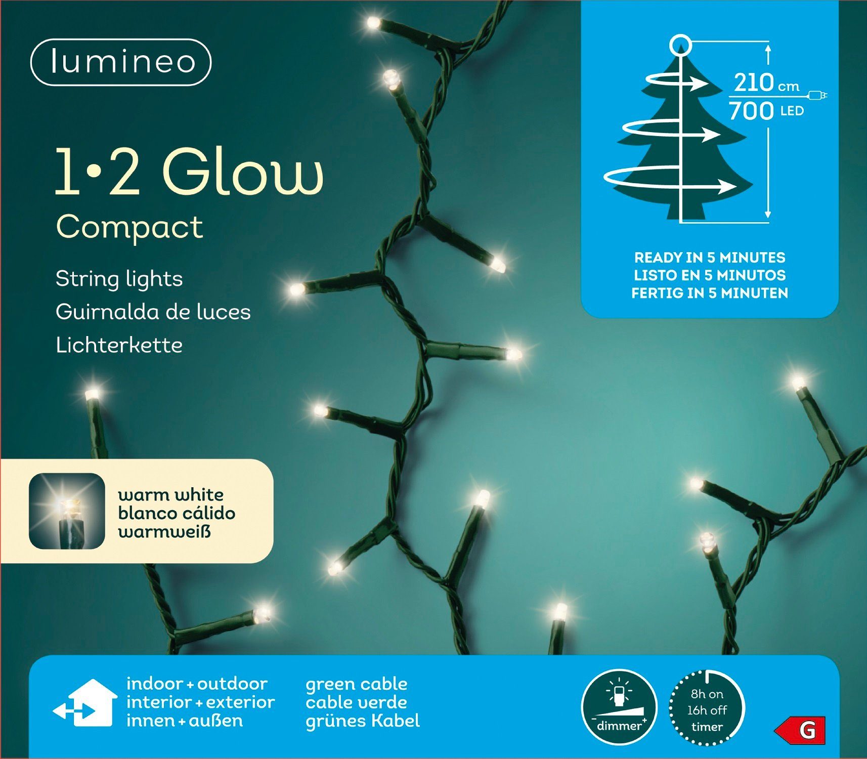 Lumineo LED-Lichterkette Lumineo Lichterkette 1-2 Glow Compact 700 LED 2,1 m warm weiß, Timer, Dimmbar, Timer, Indoor, Outdoor, IP44-Schutz