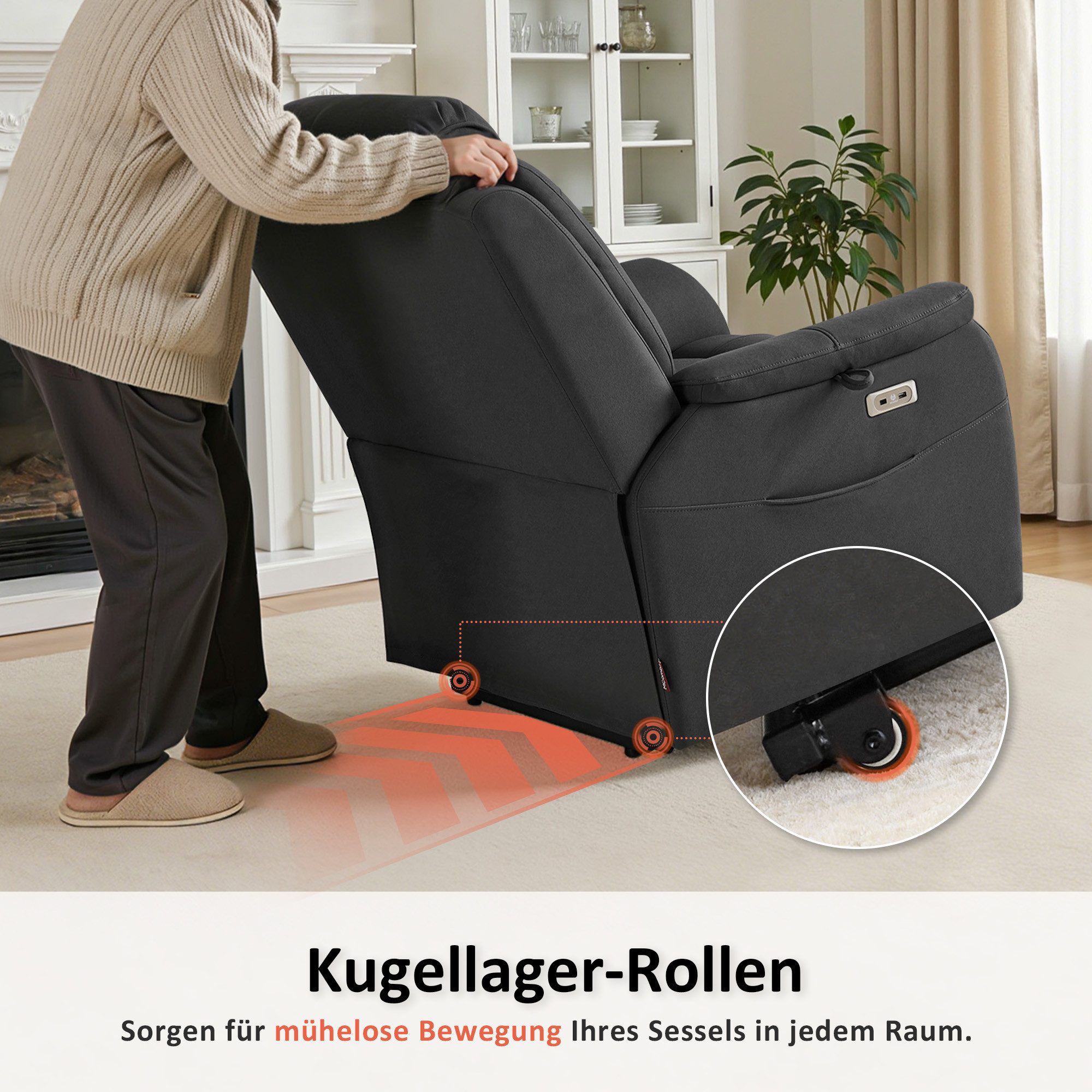 MCombo Relaxsessel M MCombo Fernsehsessel mit Aufstehhilfe, 2 Rollen für Mobilität, 7269, Verstellbare Kopfstütze, Massage & Heizung, 35D Vollschaum-Sitzkissen – Bild 4 von 5