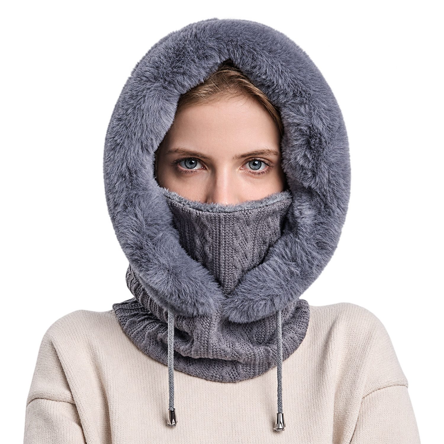 BOOD Strickmütze Mütze und Schal kombiniert für Damen, warm und winddicht (Packung, 1-St., Warm & winddicht, ideal für Winter, Outdoor und als Geschenk) 2-in-1 Strick Kapuzenschal für Damen & flauschigem Rand,Einheitsgröße