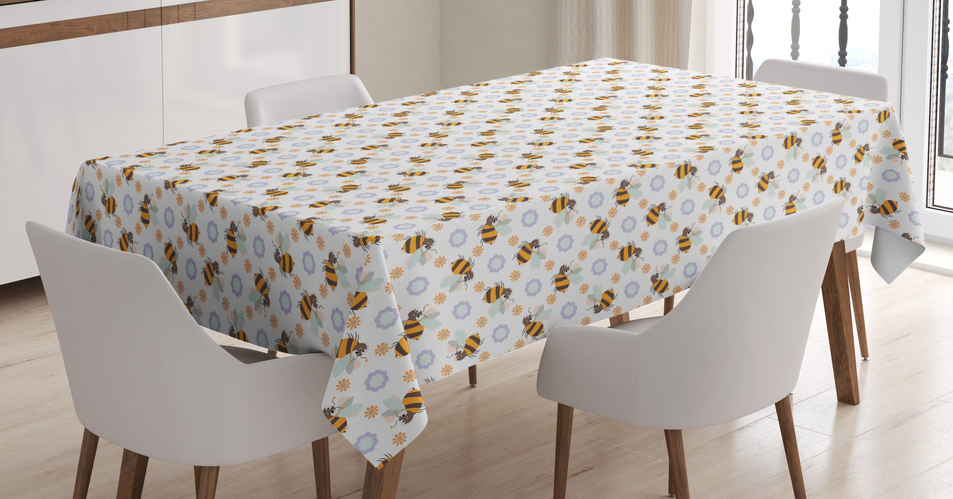 Abakuhaus Tischdecke Farbfest Waschbar Für den Außen Bereich geeignet Klare Farben, Blumen Insekten Bienen-Muster