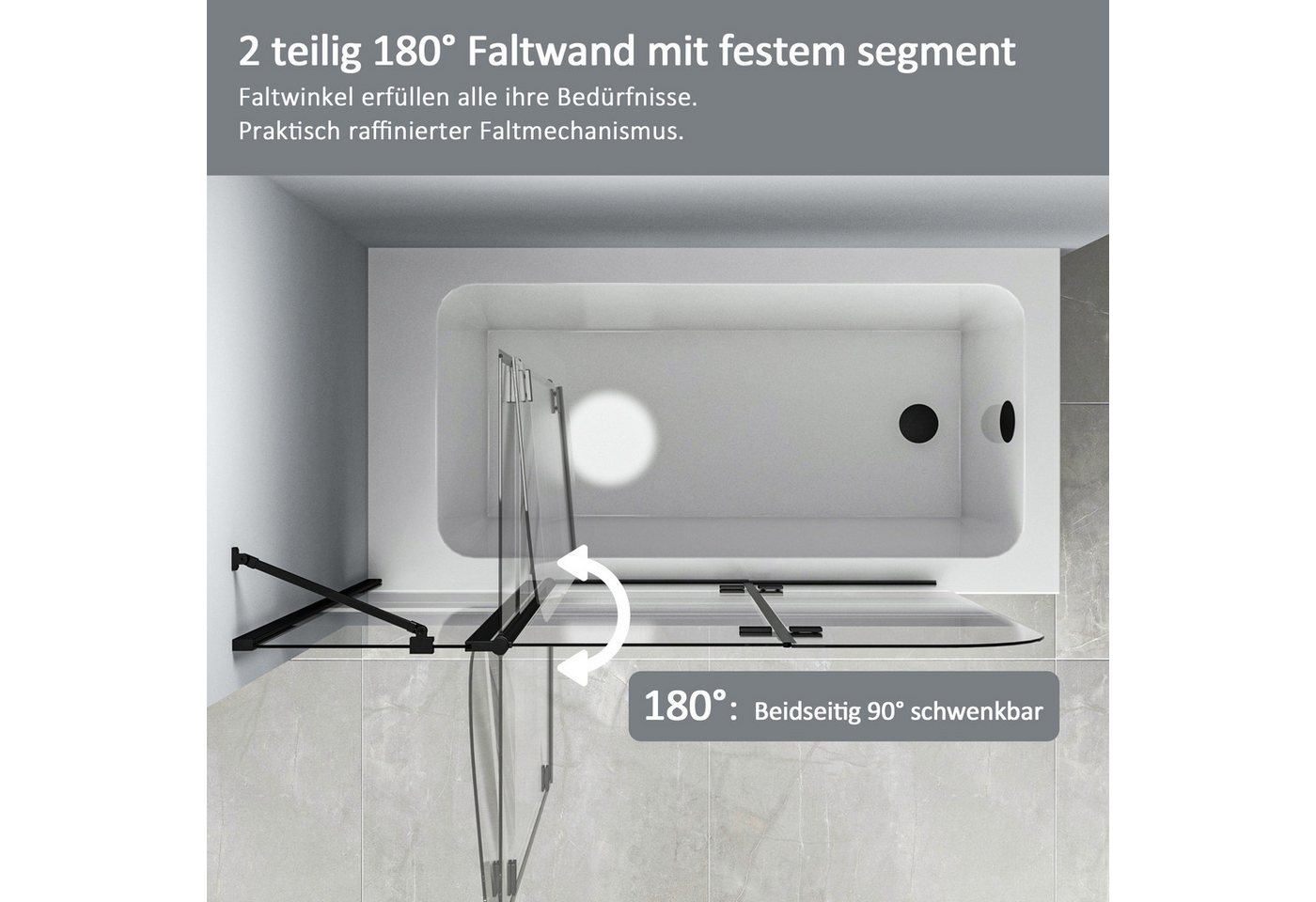 Thumbnail - Hopibath Badewannenfaltwand 3 teilig Schwarz, 6mm Sicherheitsglas, (Duschtrennwand Gestreift, Pendelteil 180° schwenkbar...