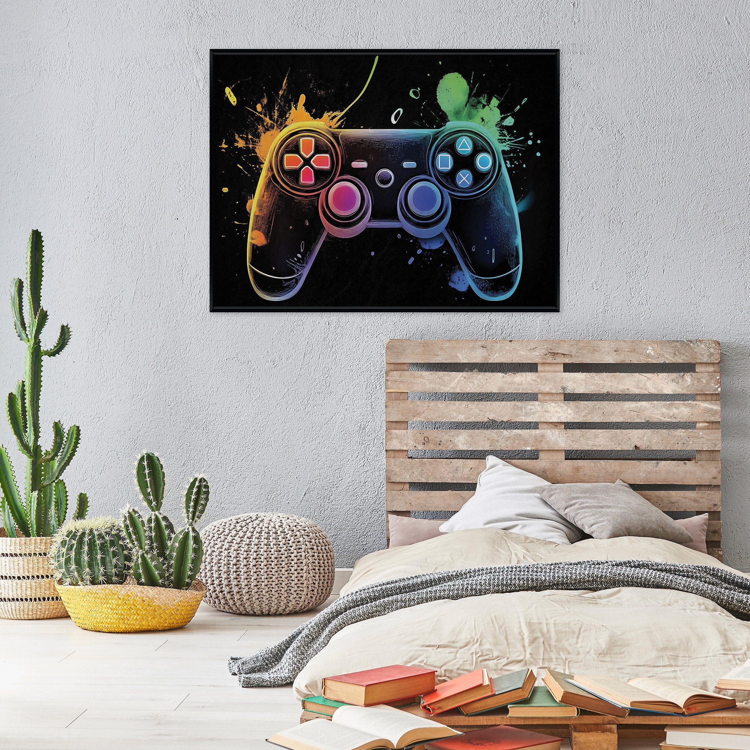 Wallarena Leinwandbild Gaming-Pad bunt Modern Wandbilder Wand Deko XXL Bilder, Gaming-Pad (groß Bilder Wohnzimmer Schlafzimmer Einteilig, 1 St), Wandbild mit Rahmen Wohnzimmer Badezimmer Küche Modern 60x40