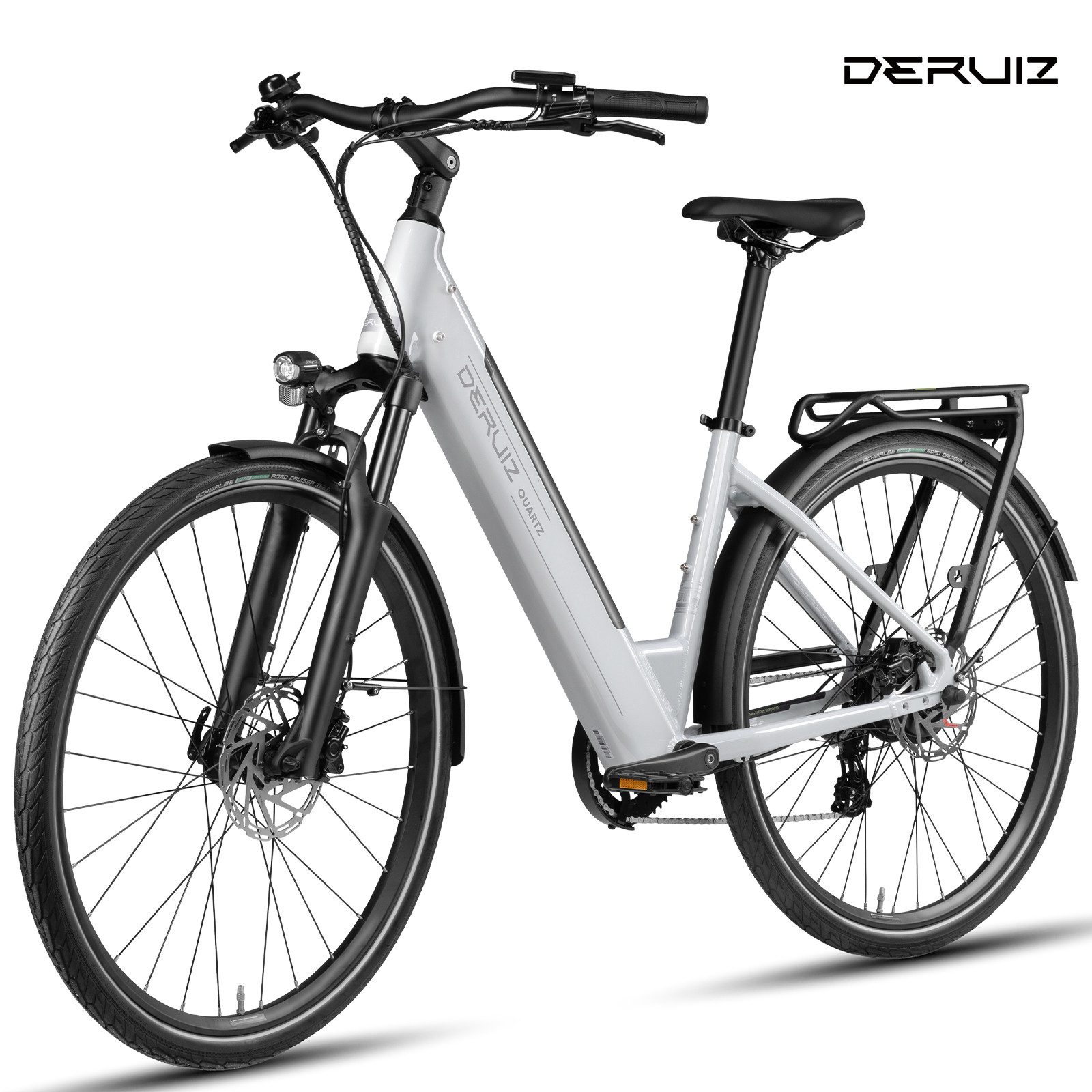 DERUIZ E-Bike 28 Zoll Quartz Heckmotor 55 Nm /Quartz Pro Mittelmotor 100 Nm, 644 Wh, 8 Gang Shimano, Kettenschaltung, Heckmotor, 644 Wh, (Federgabel mit Lockout, Drehmomentsensor, Farb-LCD-Display), abnehmbar, abschließbar, wartungsfrei