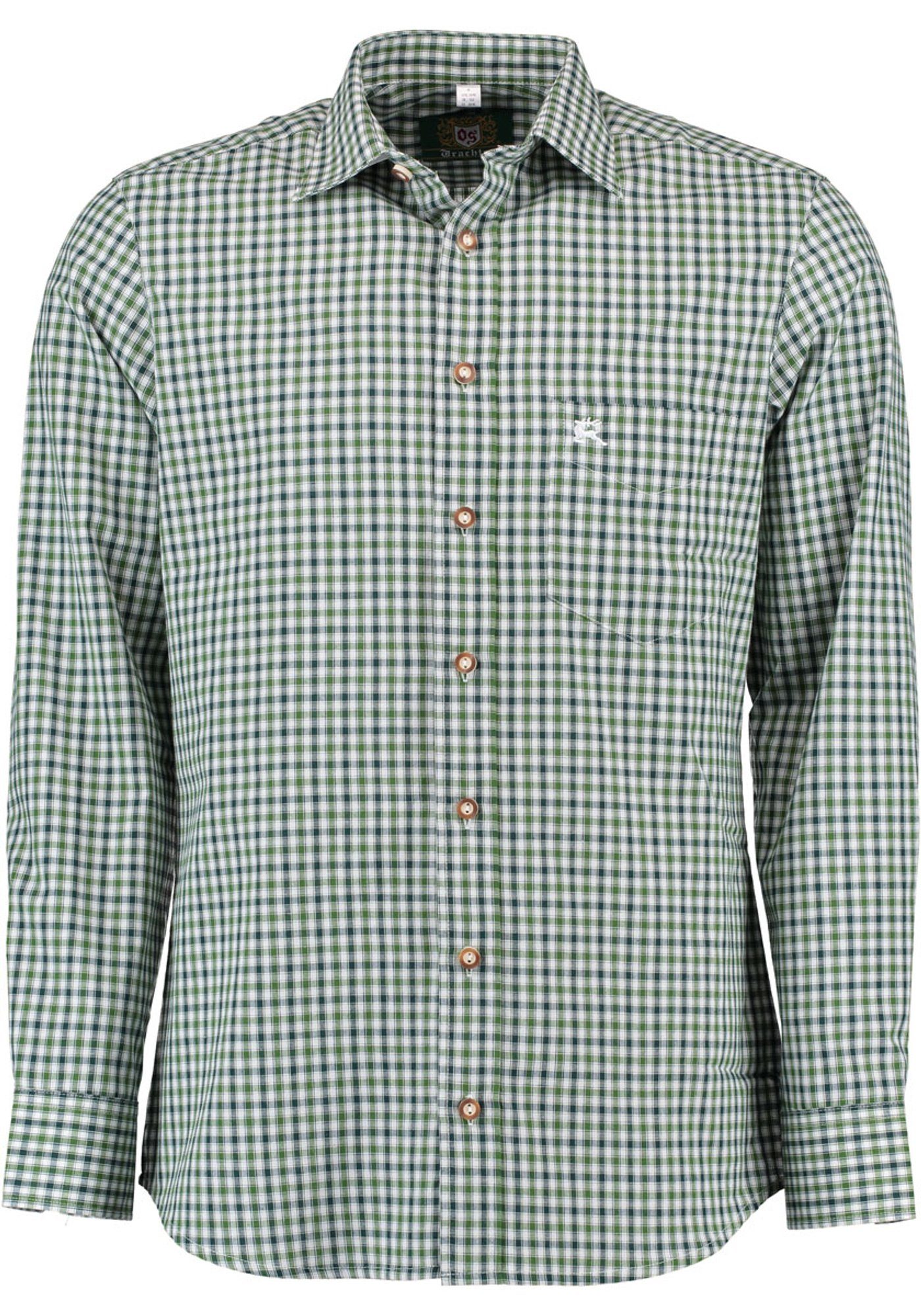 OS-Trachten Trachtenhemd Lundoko Langarmhemd mit Hirsch-Stickerei auf der Brusttasche dunkelgrün