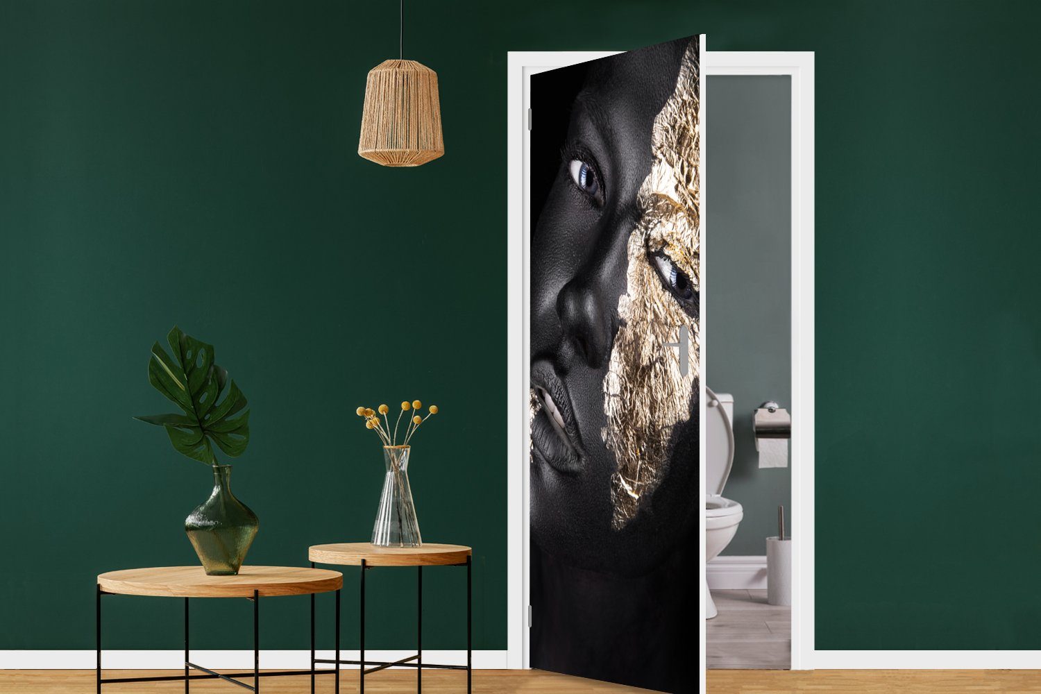 Farbe Türaufkleber, Fototapete Tür, Schwarz - - Frau bedruckt, MuchoWow St), Gold (1 - cm - für Luxus, Matt, 75x205 Türtapete