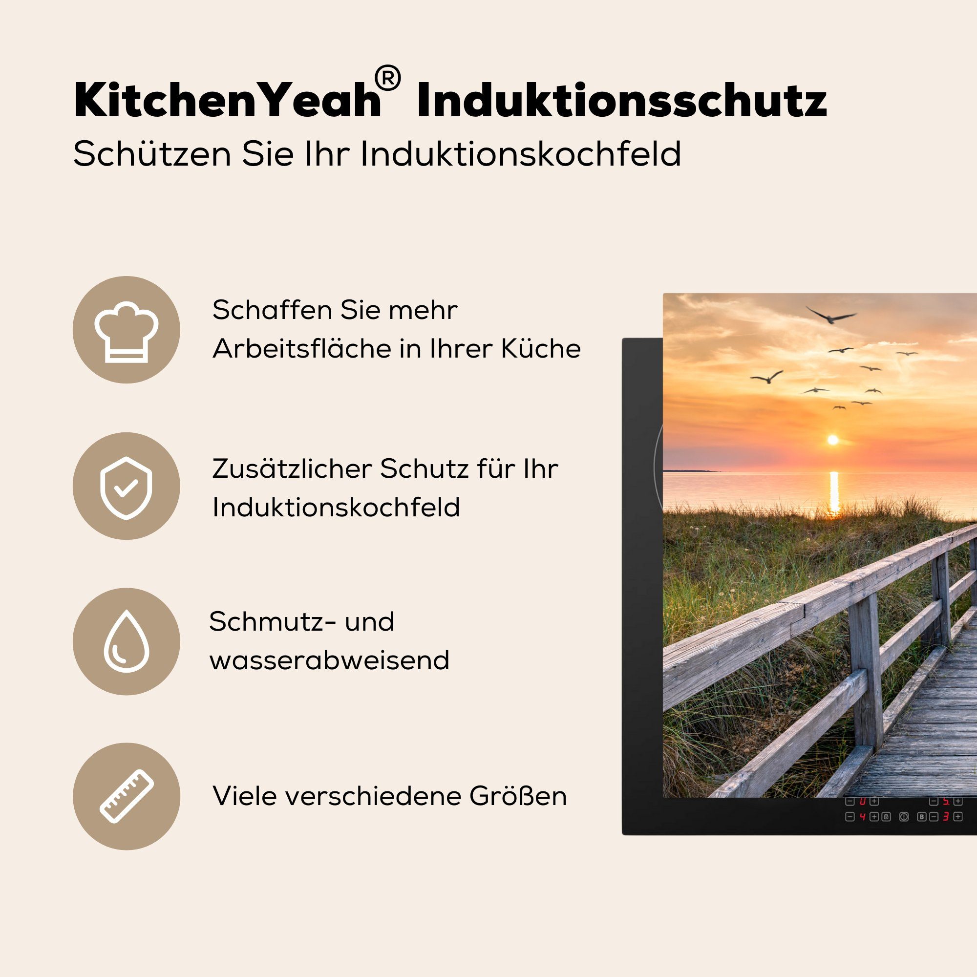 Vinyl, Gras Weg 81x52 tlg), Herdblende-/Abdeckplatte cm, - für Vögel, küche, Schutz die (1 Sonnenuntergang Ceranfeldabdeckung - - MuchoWow - Düne Meer - Induktionskochfeld