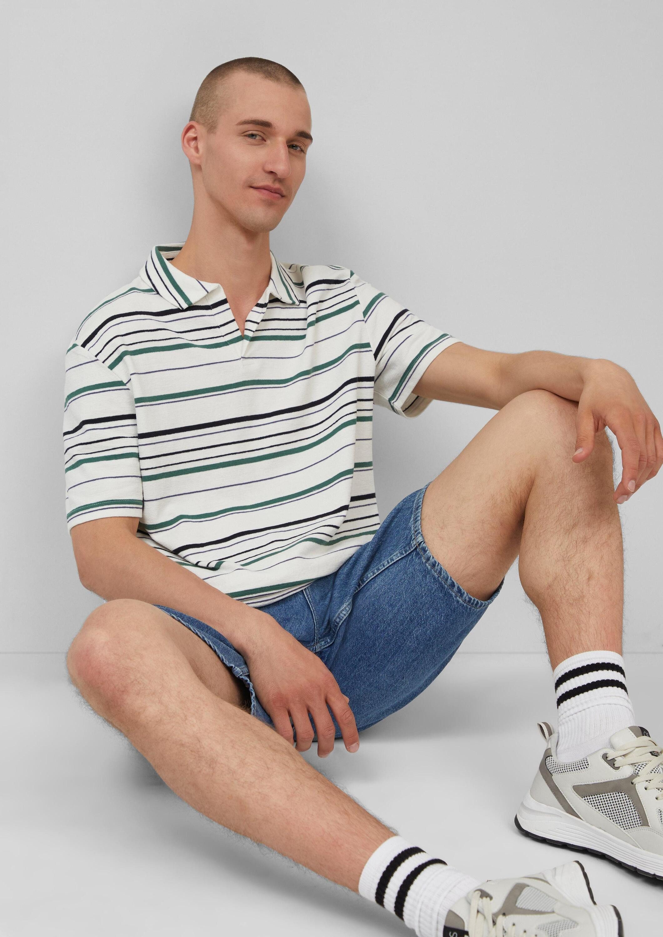 QS Kurzarmshirt Polo-Shirt Gestreiftes Polo-T-Shirt aus schwerem Jersey