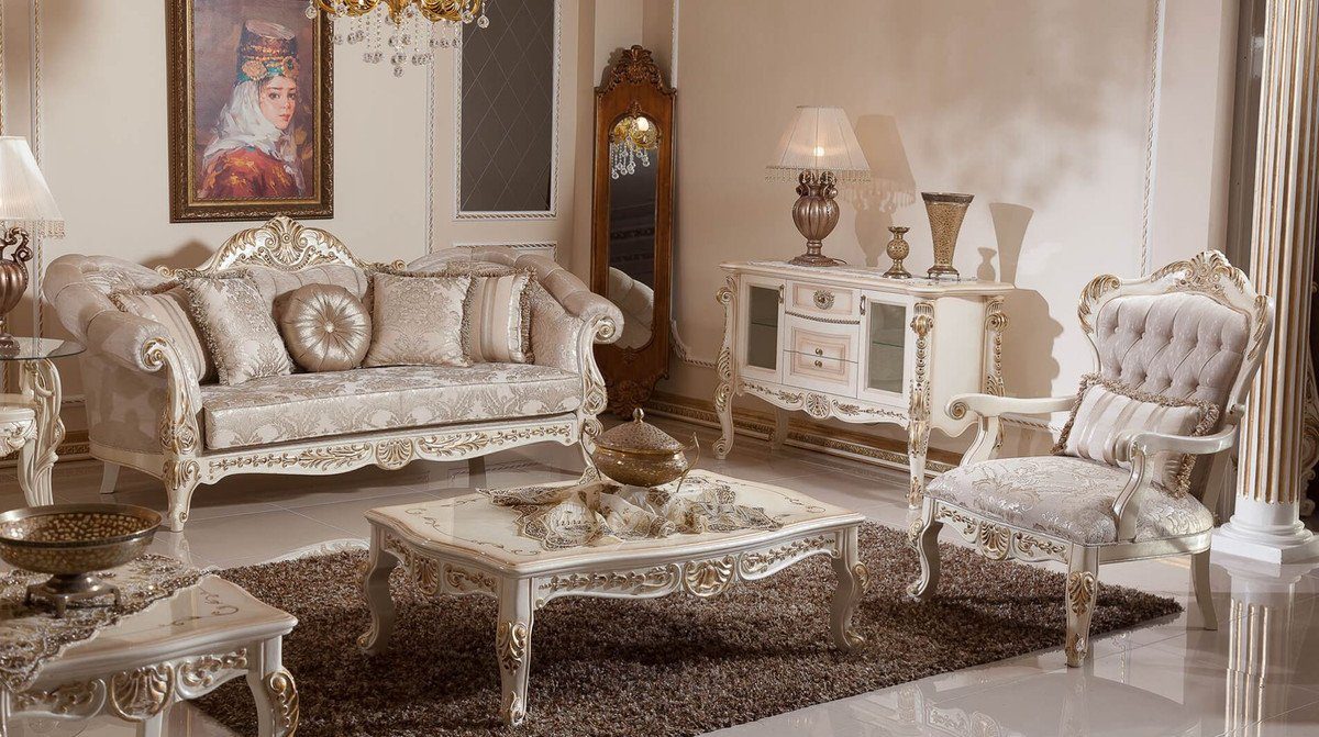 Wohnzimmertisch - / Casa & Möbel Padrino Luxus - Beige Edel Couchtisch Barock / Barock Prunkvoll - Massivholz Weiß Gold im Barockstil Prunkvoller Couchtisch