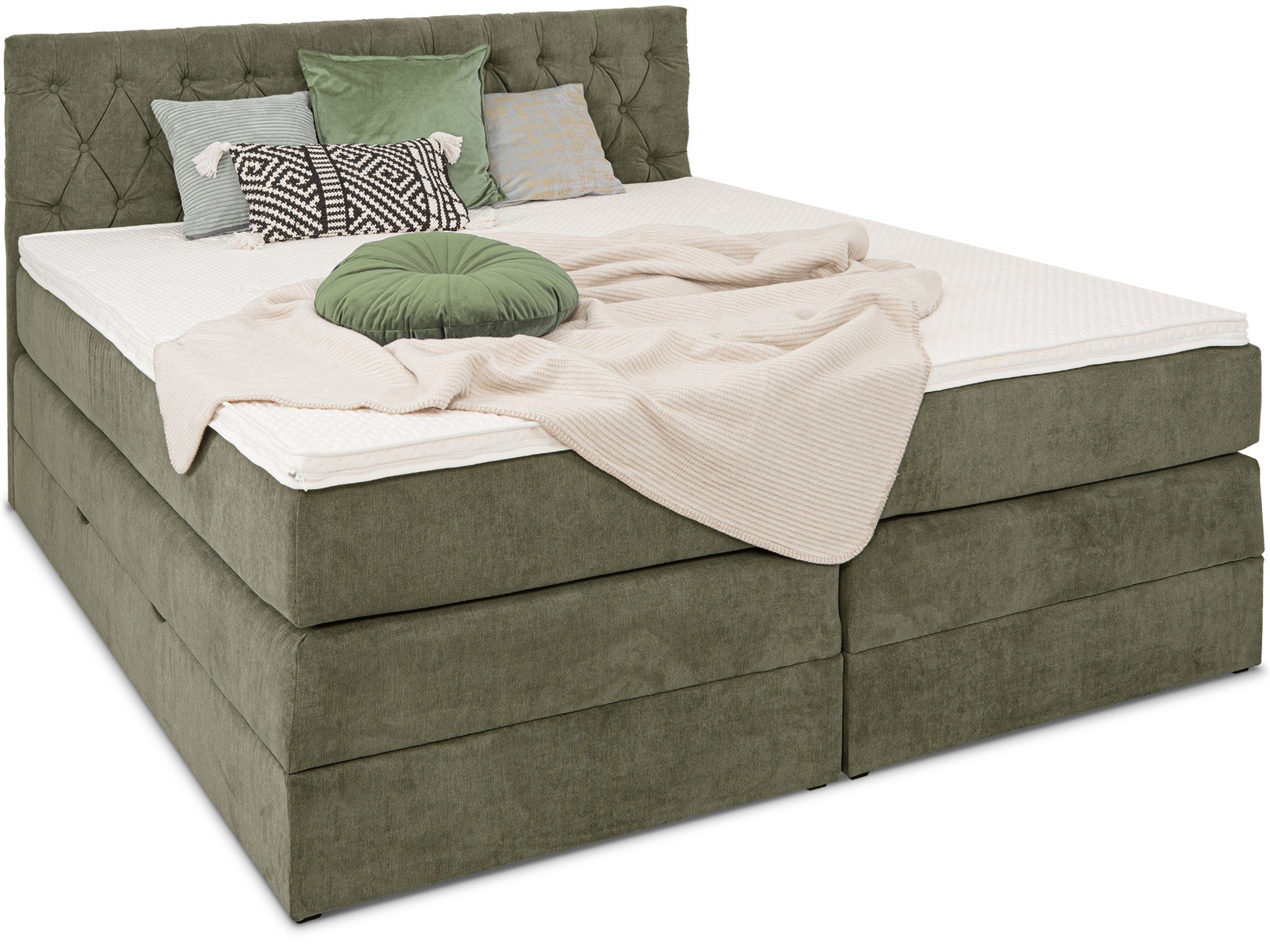 wonello Boxspringbett Verona, mit Bettkasten und 6 cm Kaltschaum-Topper olive