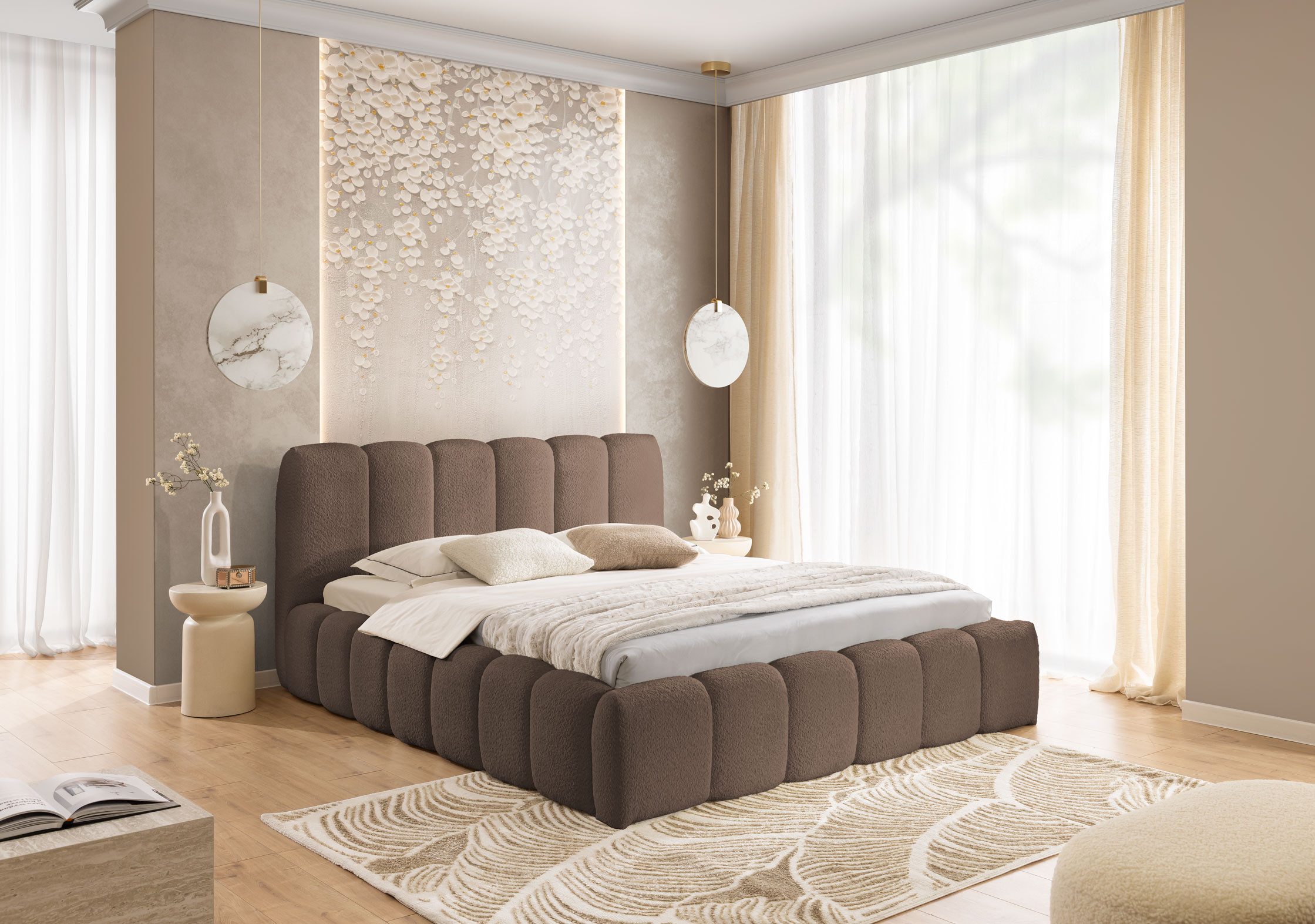 yourhouse24 Polsterbett MICANDI aus Bouclé inkl. Metallrahmen – Wolkenbett mit Bettkasten, Voluminöses Rillen-Design mit Gasdruckfedern & riesigem Stauraum