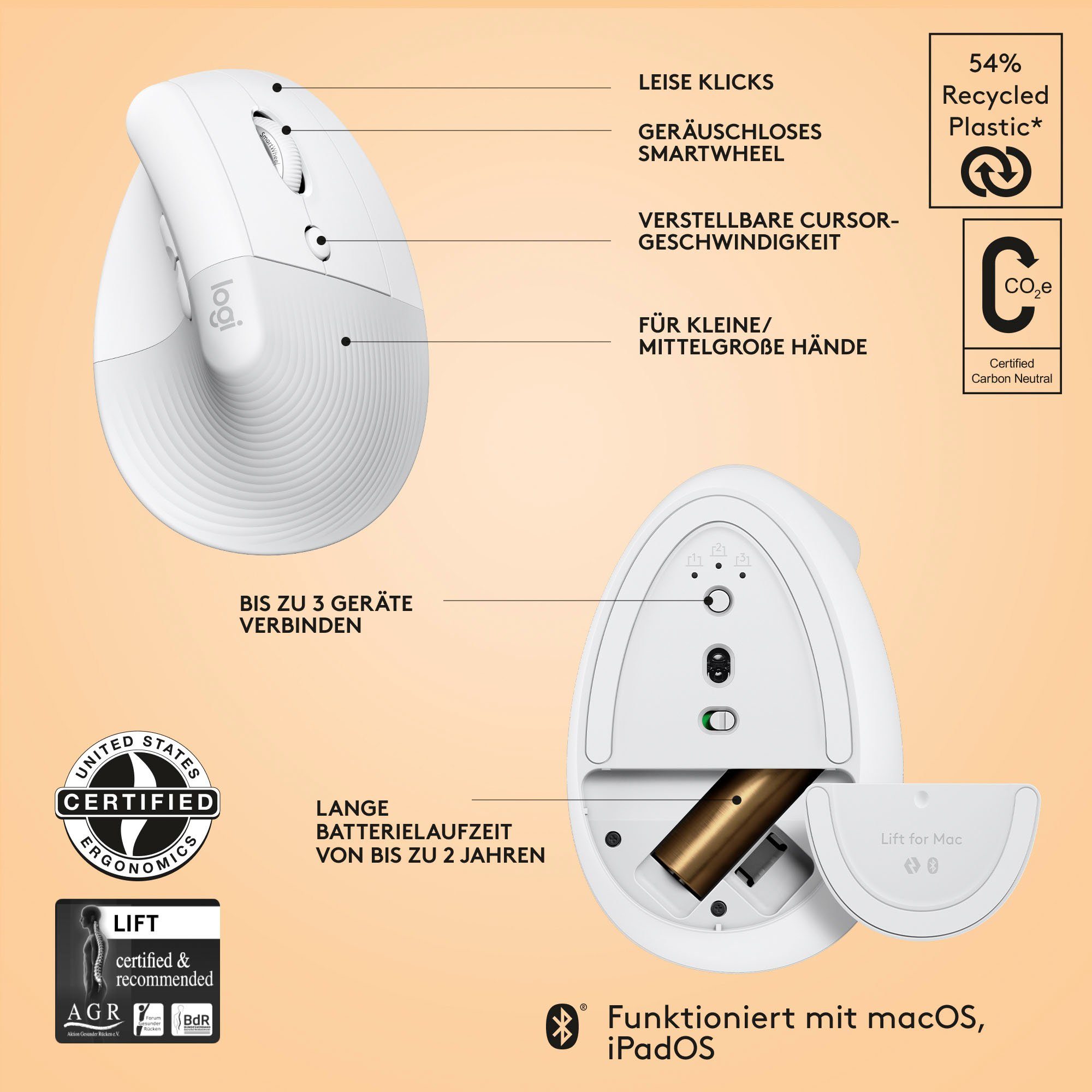Logitech Maus ergonomische Vertical Mac (Bluetooth) Lift for