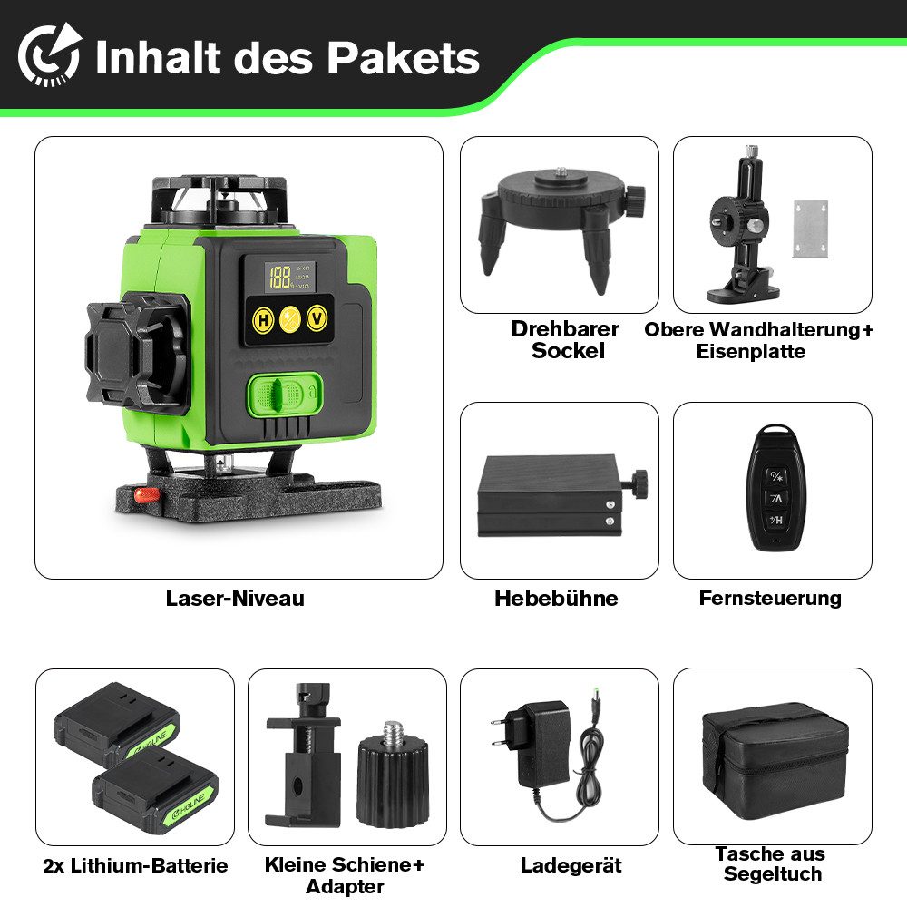 HGLINE Laserwasserwaage 4x360° Grün Lasernivellier Selbstnivellierend, mit 2 x Batterien / Fernbedienung / IP54 Wasser- & Staubdicht