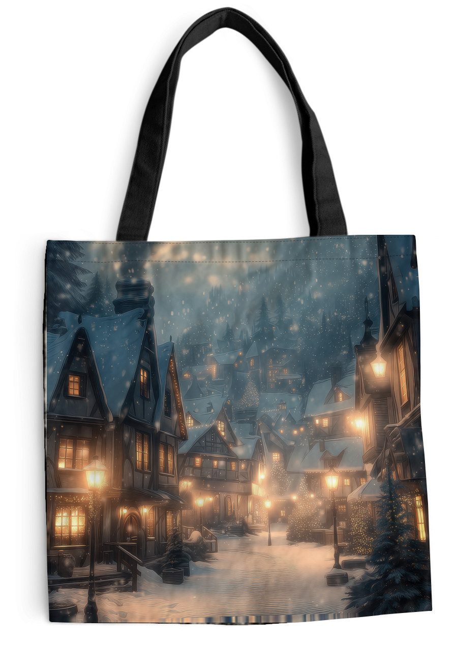 MuchoWow Shopper Winterdorf - Schnee - Dunkelheit, Handtasche, Damen und Herren, Schultertasche, Umhängetasche, Tote Bag