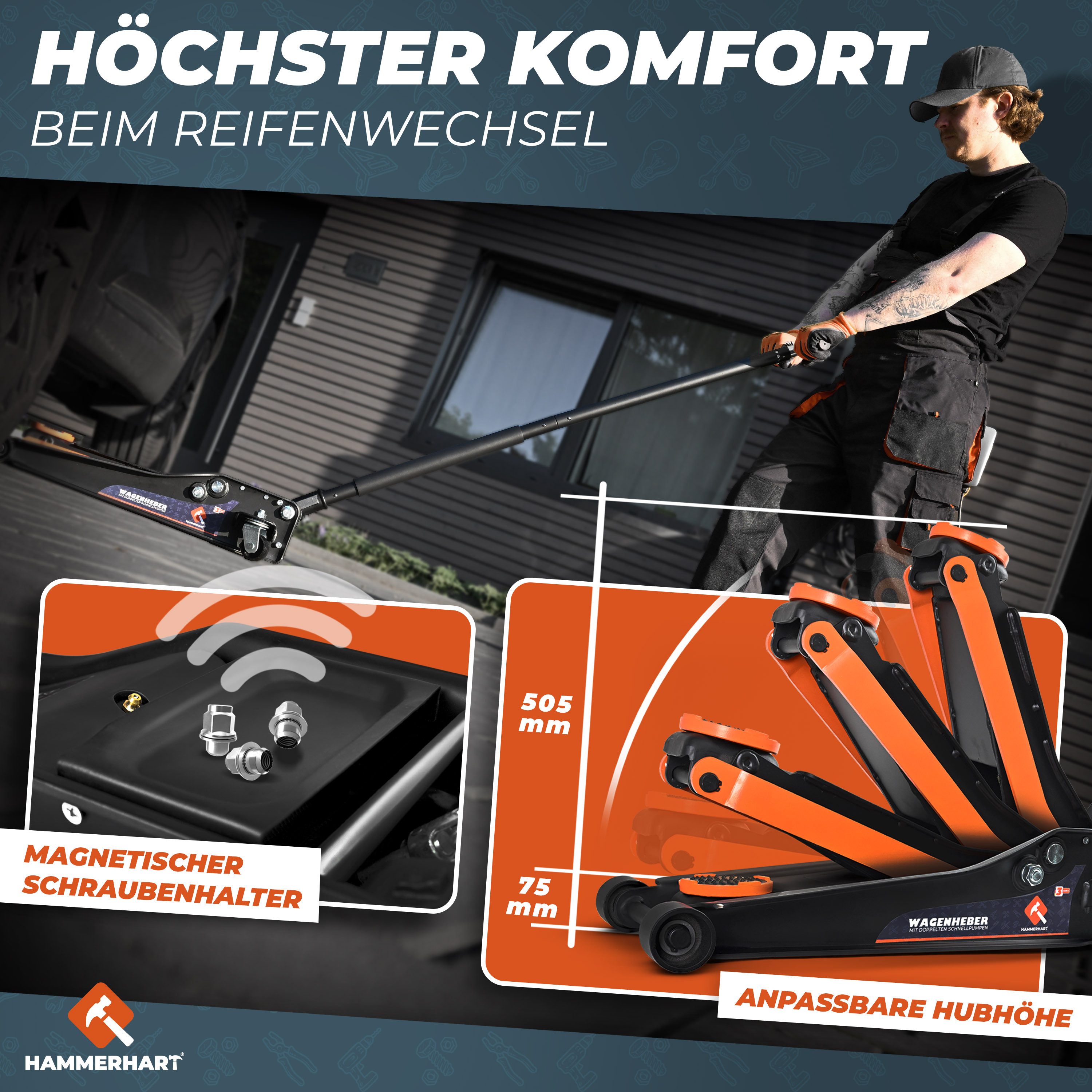 HAMMERHART Wagenheber Hydraulischer Wagenheber 3T, TÜV geprüft, 75–505 mm, max. Hubhöhe: 50,5 cm, Premium Wagenheber für alle PKWs bis 3 Tonnen, Premium Wagenhe – Bild 5 von 5