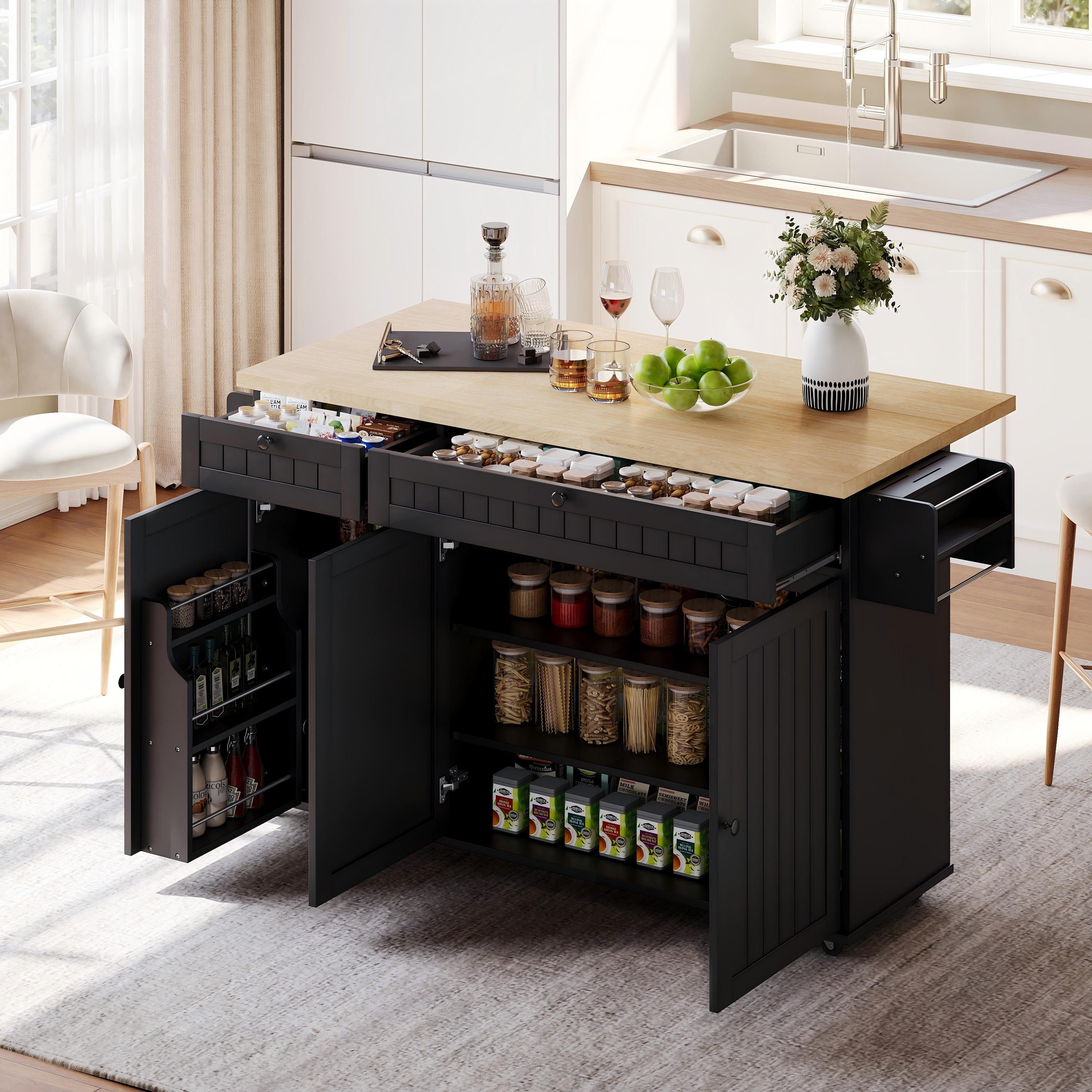 Flieks Küchenwagen Kücheninsel mit erweiterbarer Arbeitsplatte, Türregal und Rollen, (1 St), Servierwagen Küchenschrank Buffetschrank mit Schubladen Schwarz