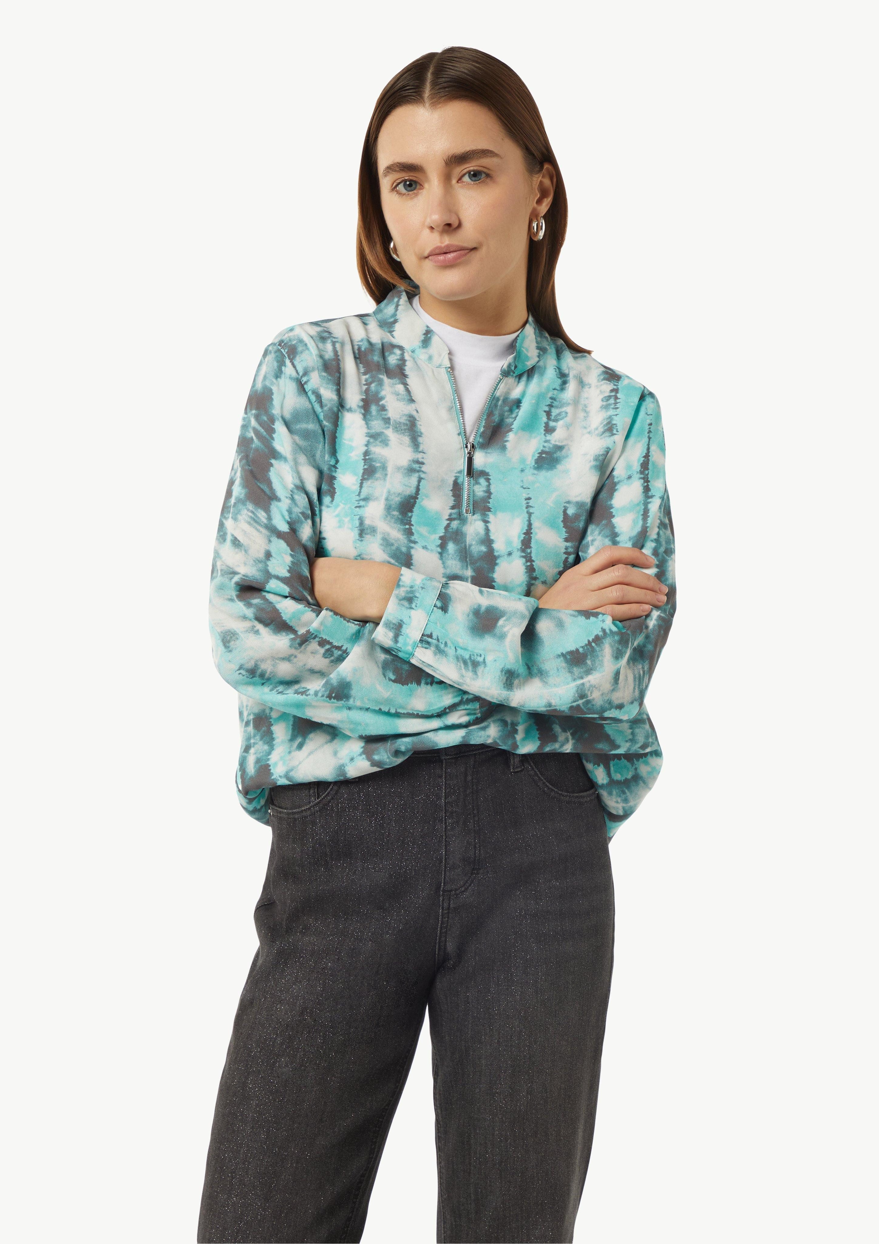 Langarmbluse Satinbluse mit Zip-Ausschnitt