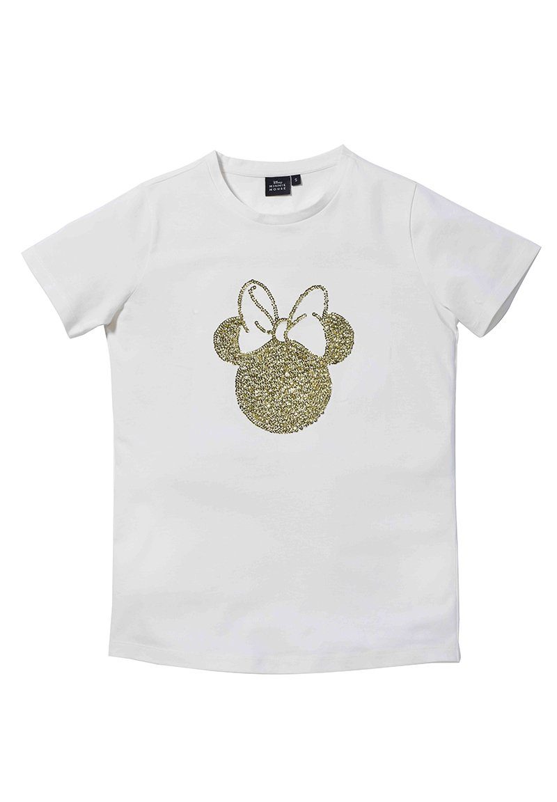 ONOMATO! T-Shirt Minnie Mouse T-Shirt Damen Weiß Oberteil Pailletten besetzt Pailletten besetzt