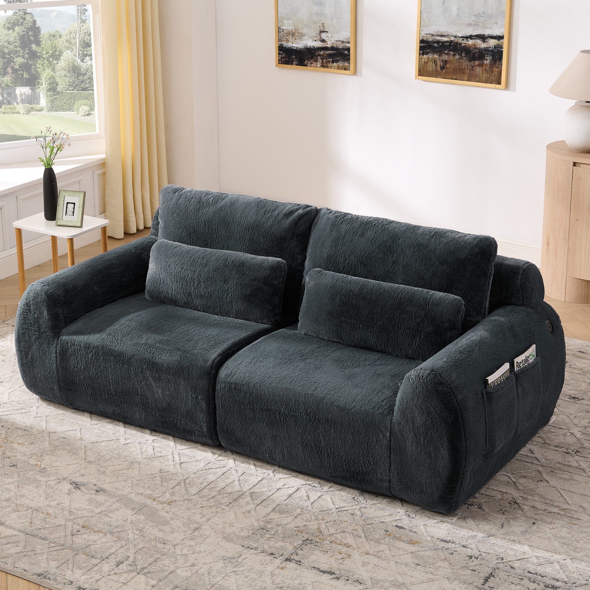 Odikalo 2-Sitzer Modulares Sofa mit USB, weiches Kaninchenstil-Kunstfell, hohe Rückfederung, mit USB-Ladeanschluss und seitlicher Magazintasche