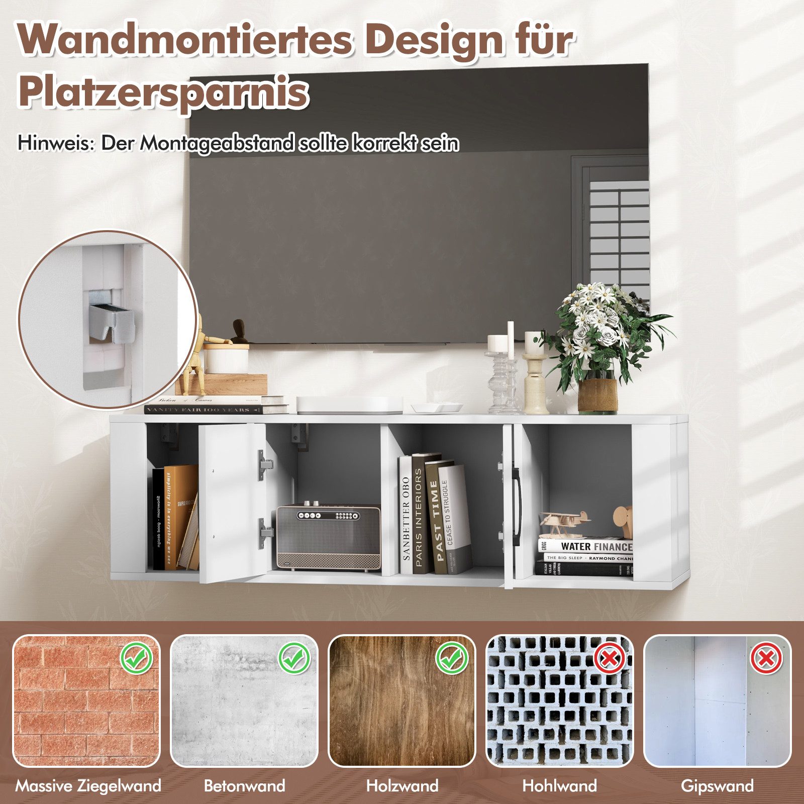 COSTWAY Hängeschrank mit 4 Fächern & 2 Türen Lowboard für Fernseher, 108cm – Bild 2 von 5
