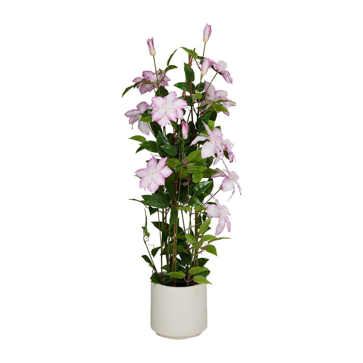 Kunstpflanze CLEO, Grün, Weiß, Rosa, Kunststoff, Clematis, Koopman, Höhe 98 cm, mit cremeweißem Kunststofftopf, Ø 35 cm